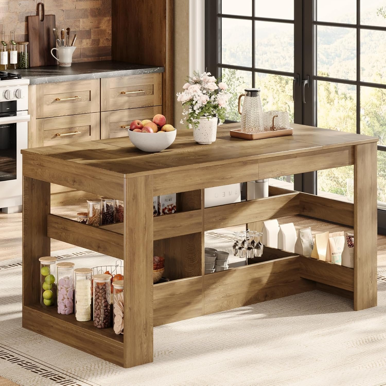 63" Rectangular Bar Table, Counter Height Pub Table with Storage Shelves for Home Bar