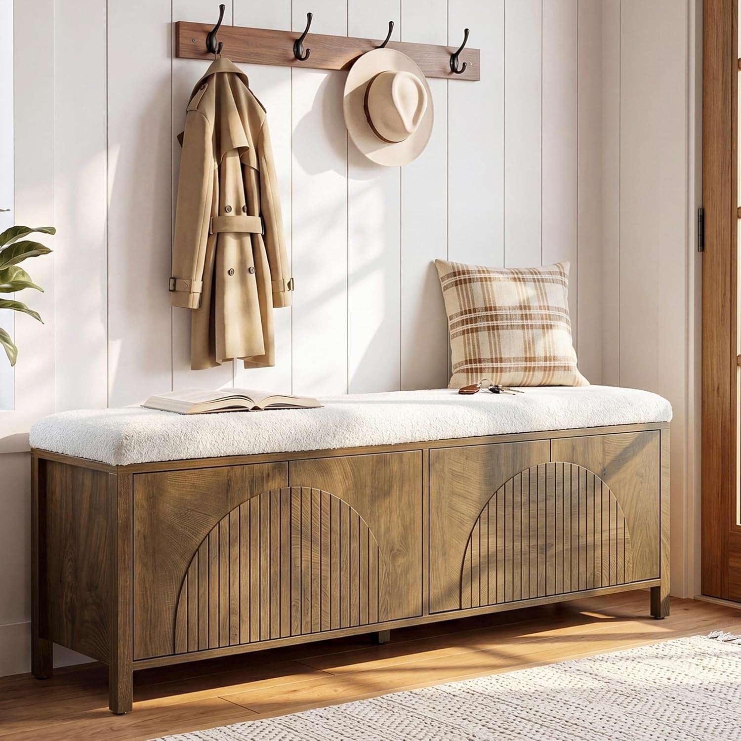 55" Entryway Bench, 2-Tier Shoe Storage Bench with Thickened Padded Seat Cushion
