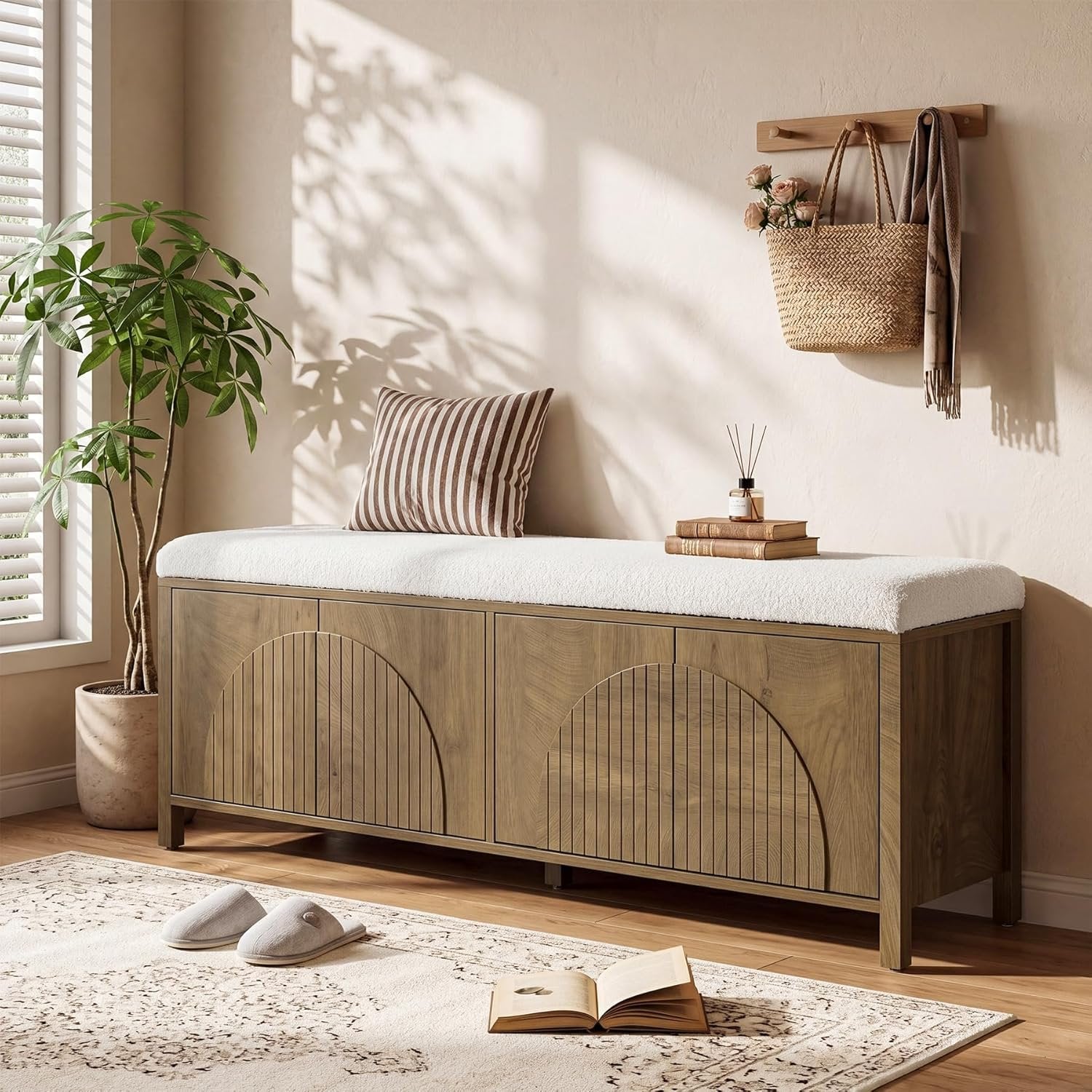 55" Entryway Bench, 2-Tier Shoe Storage Bench with Thickened Padded Seat Cushion