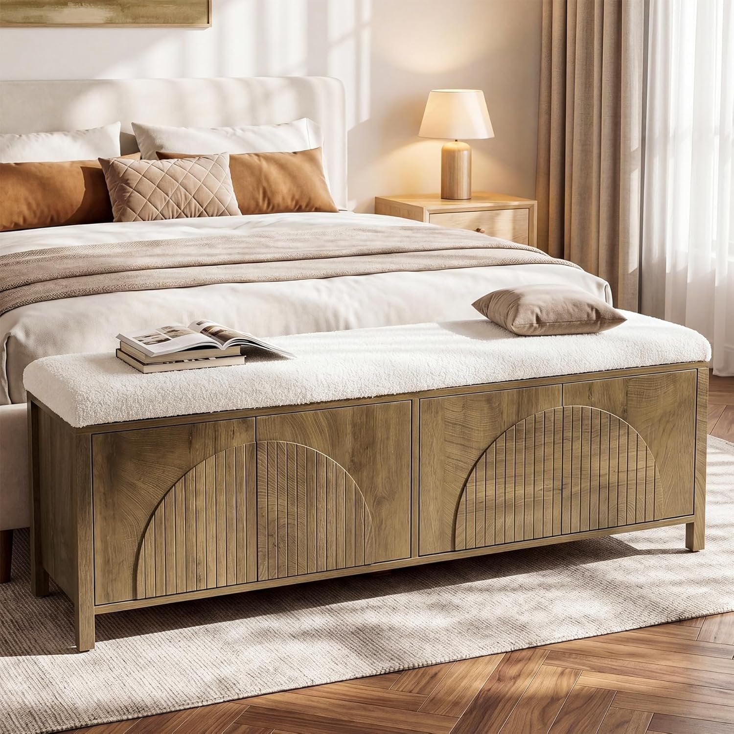 55" Entryway Bench, 2-Tier Shoe Storage Bench with Thickened Padded Seat Cushion