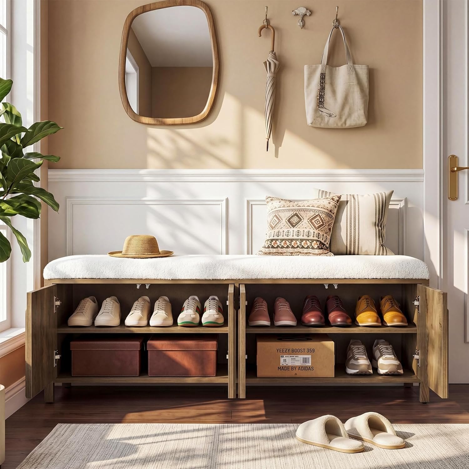 55" Entryway Bench, 2-Tier Shoe Storage Bench with Thickened Padded Seat Cushion