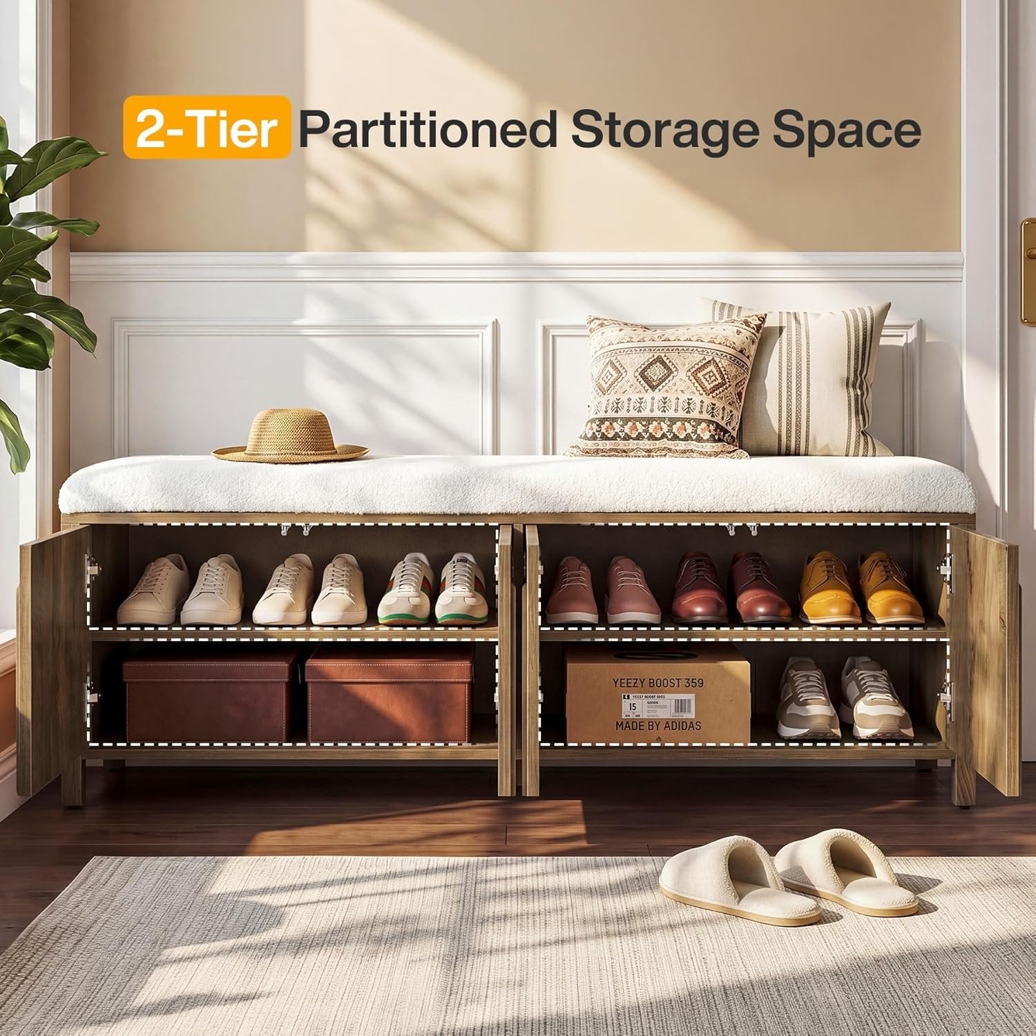 55" Entryway Bench, 2-Tier Shoe Storage Bench with Thickened Padded Seat Cushion