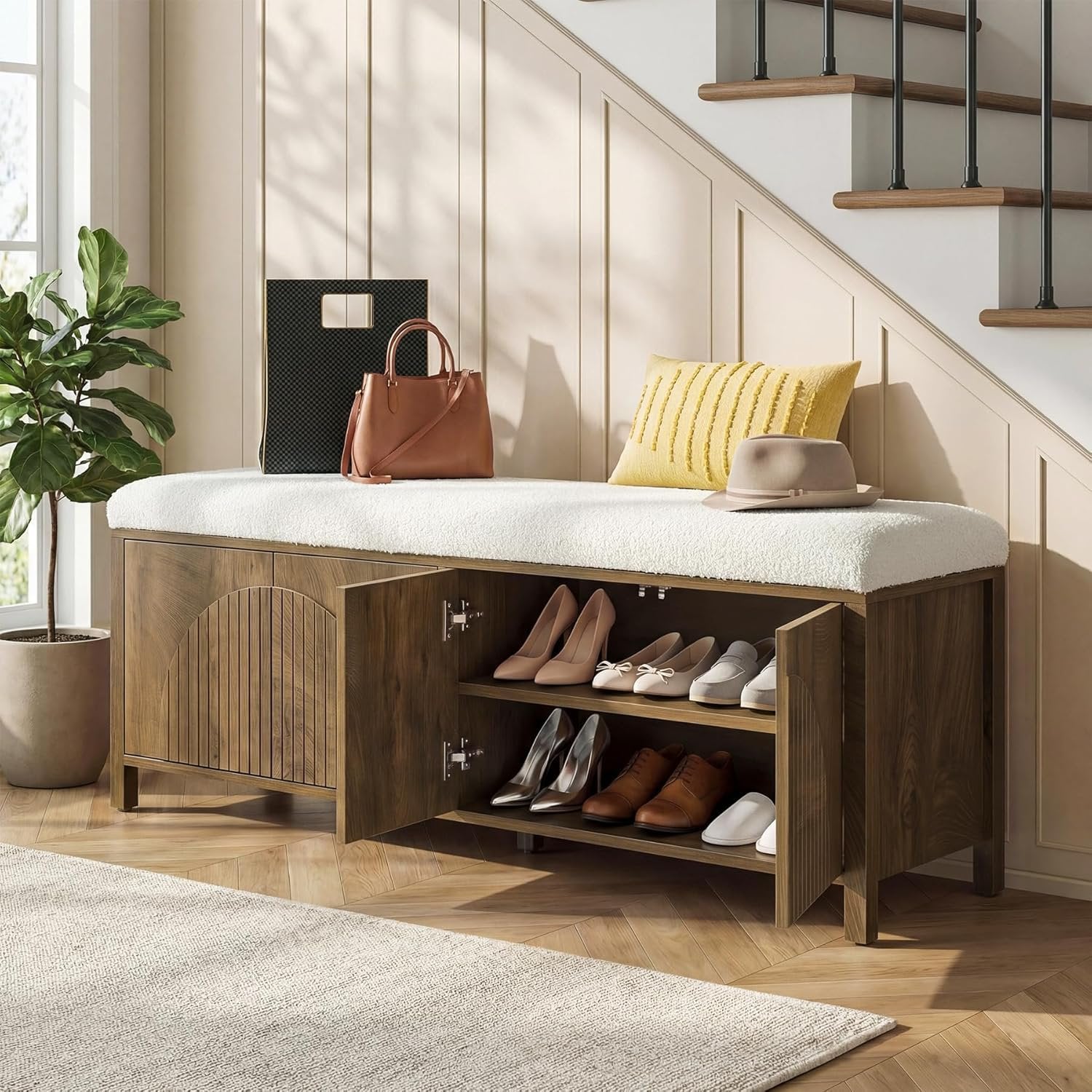 55" Entryway Bench, 2-Tier Shoe Storage Bench with Thickened Padded Seat Cushion