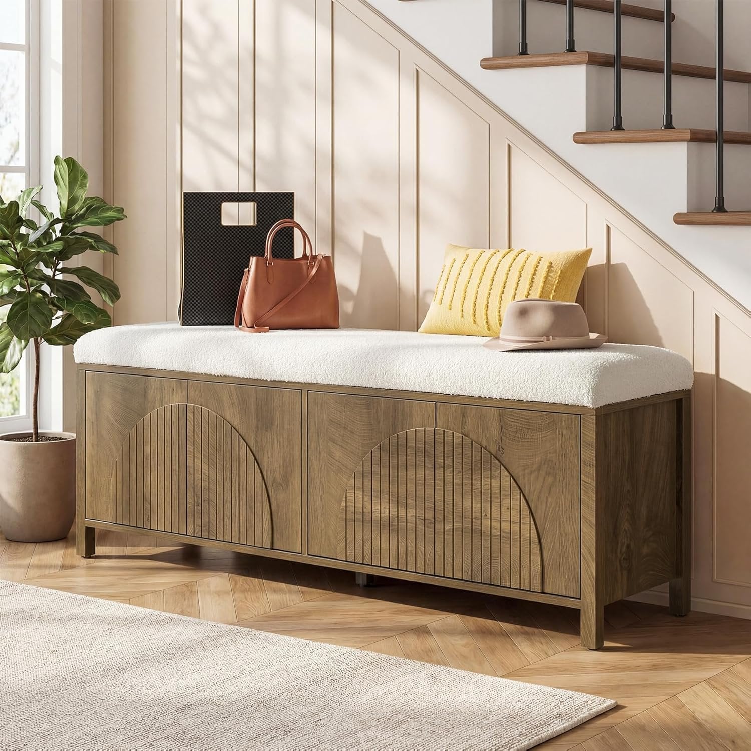 55" Entryway Bench, 2-Tier Shoe Storage Bench with Thickened Padded Seat Cushion