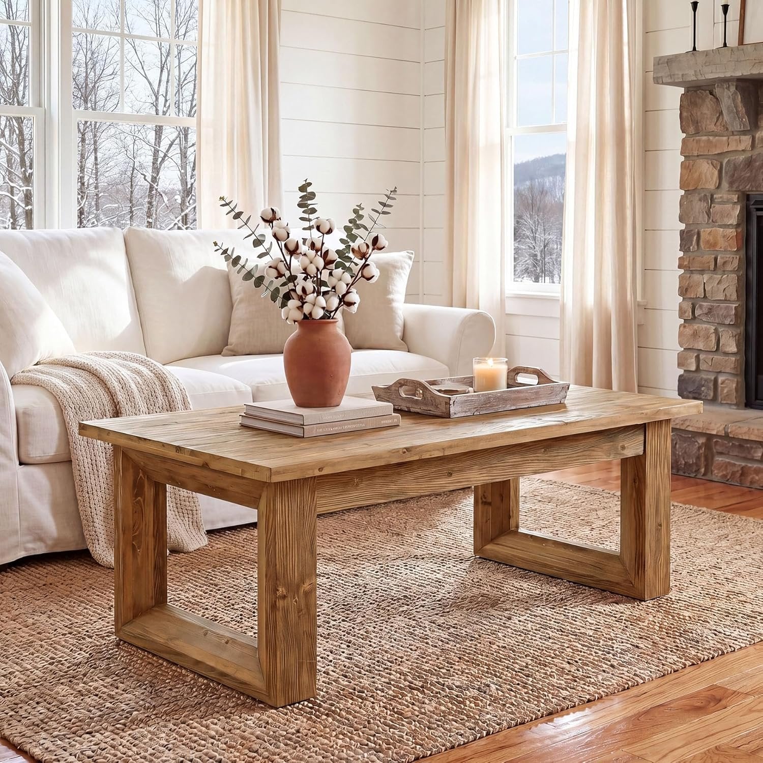 47.2" Solid Wood Coffee Table, Rectangular Accent Center Cocktail Table with U-Shape Legs