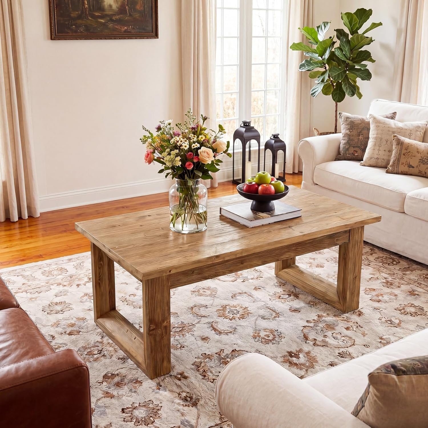 47.2" Solid Wood Coffee Table, Rectangular Accent Center Cocktail Table with U-Shape Legs
