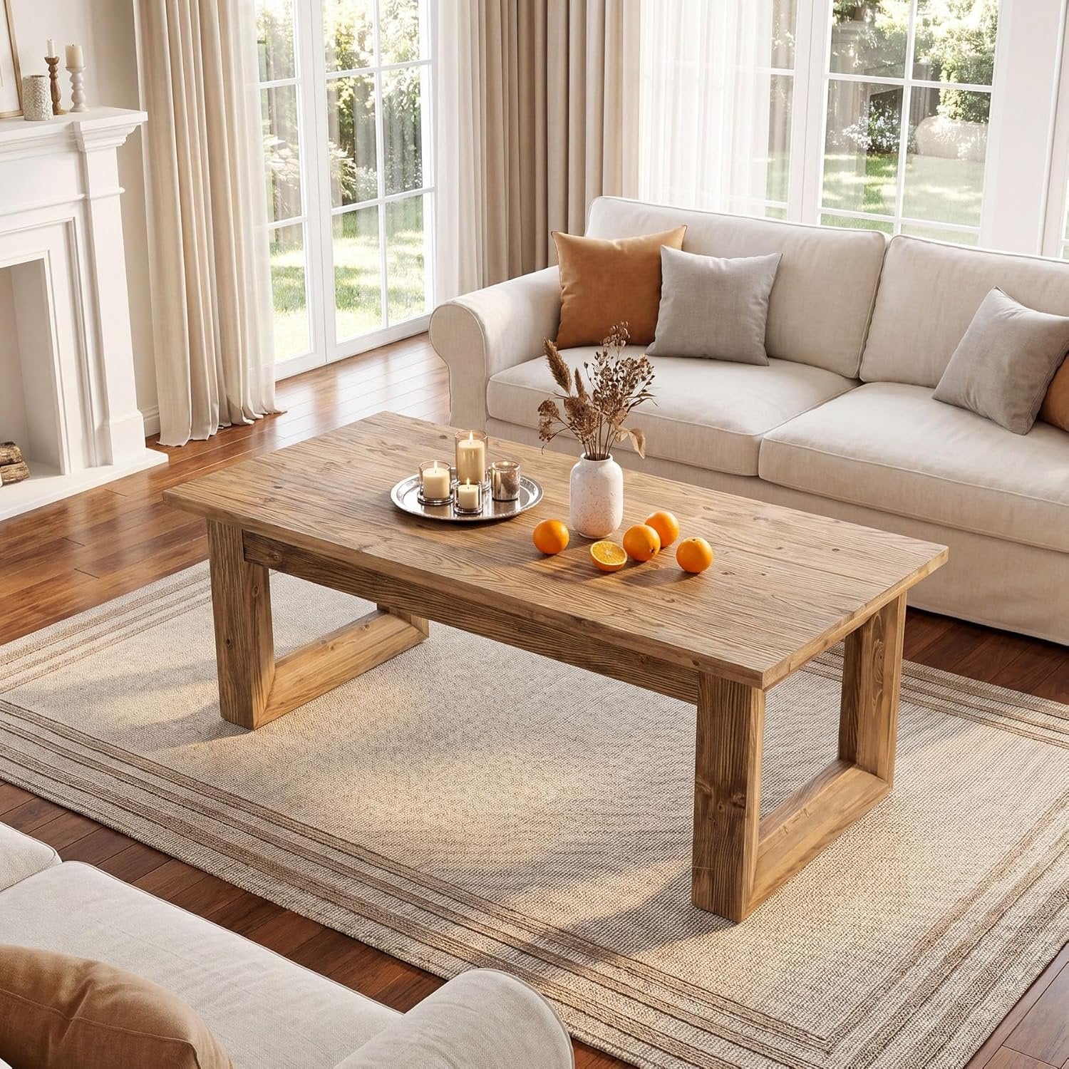 47.2" Solid Wood Coffee Table, Rectangular Accent Center Cocktail Table with U-Shape Legs