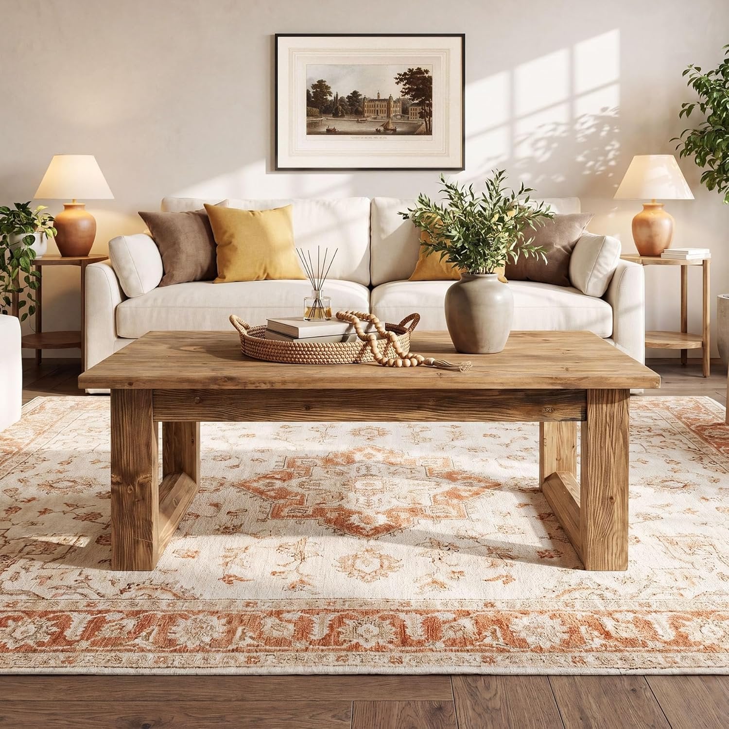 47.2" Solid Wood Coffee Table, Rectangular Accent Center Cocktail Table with U-Shape Legs