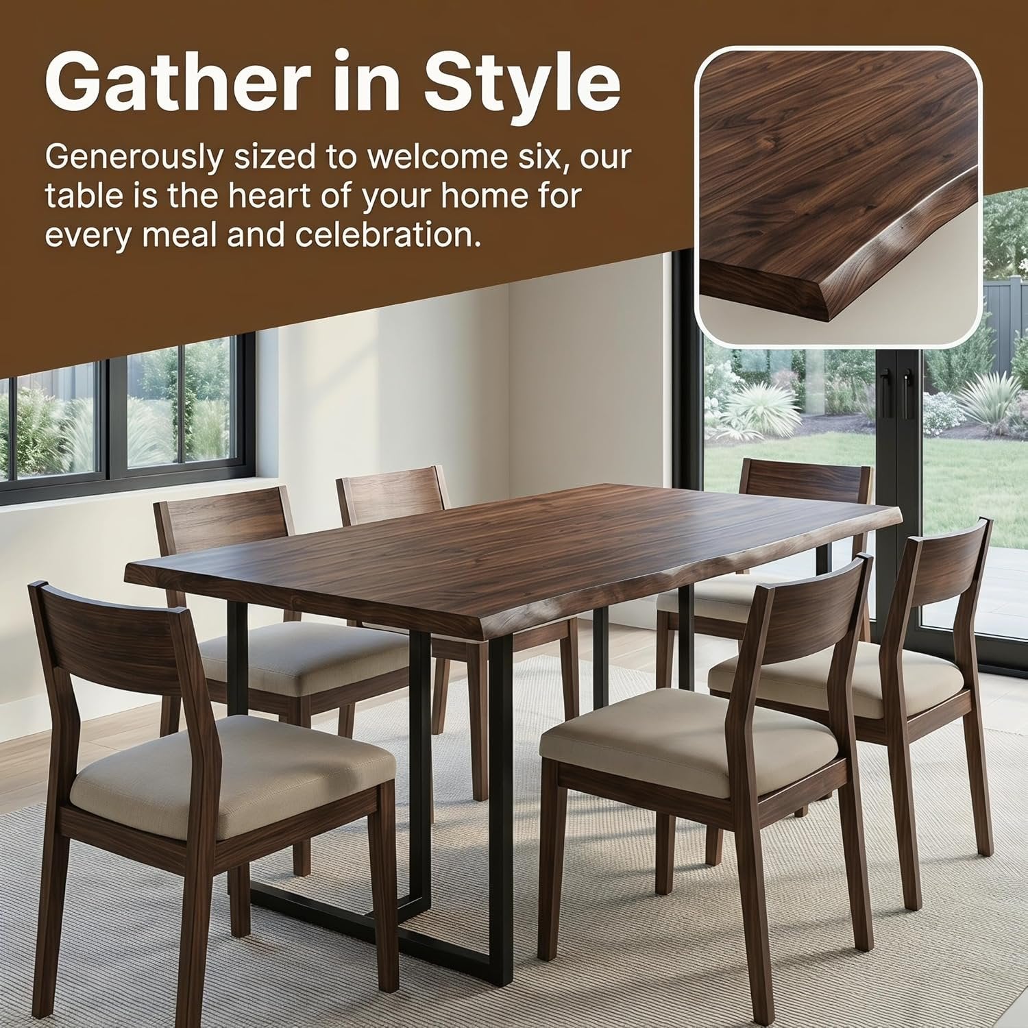 63" Solid Wood Dining Table, Rectangular Kitchen Table with Live-Edge Inspired Top for 4–6