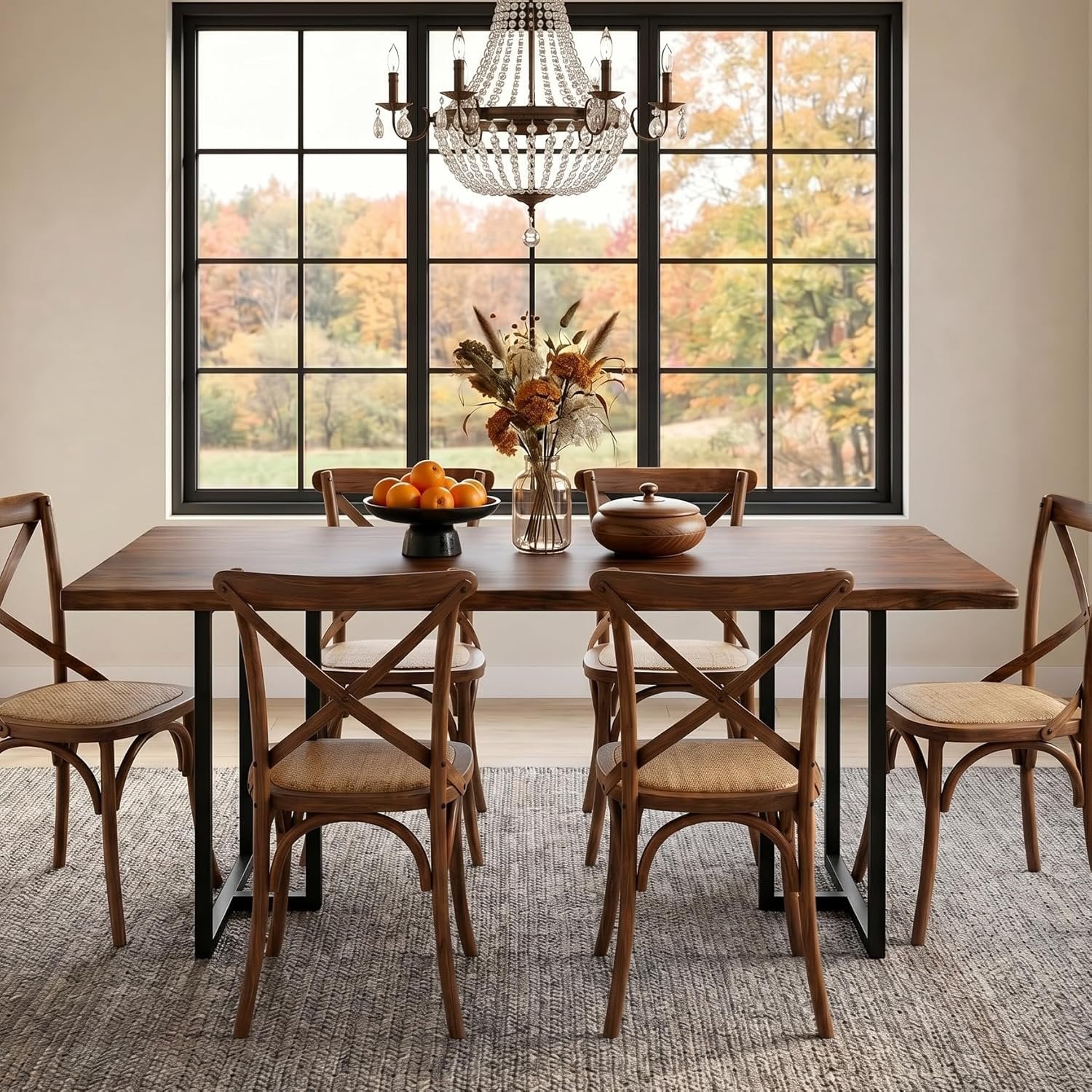 63" Solid Wood Dining Table, Rectangular Kitchen Table with Live-Edge Inspired Top for 4–6