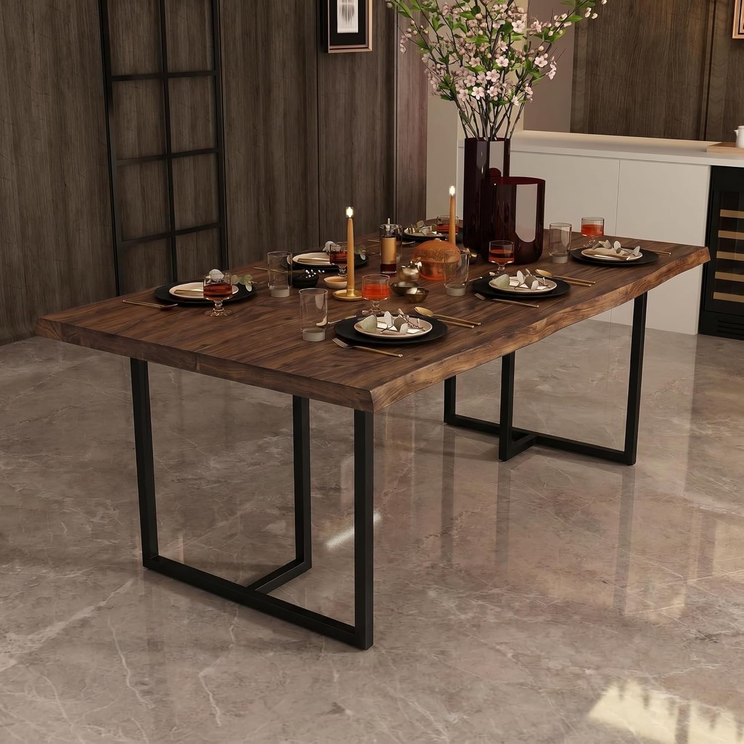 63" Solid Wood Dining Table, Rectangular Kitchen Table with Live-Edge Inspired Top for 4–6