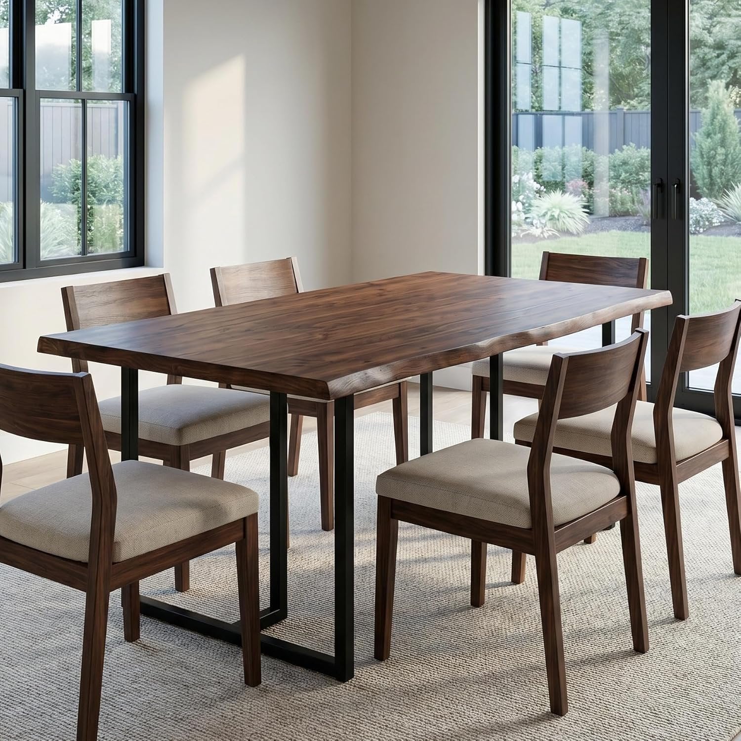 63" Solid Wood Dining Table, Rectangular Kitchen Table with Live-Edge Inspired Top for 4–6