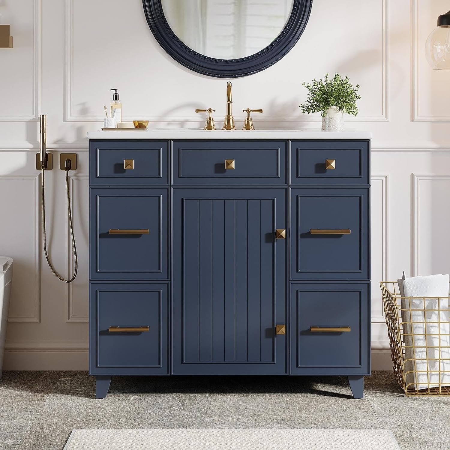 35" Bathroom Vanity with Sink, Modern Solid Wood Bathroom Cabinet with 4 Drawers