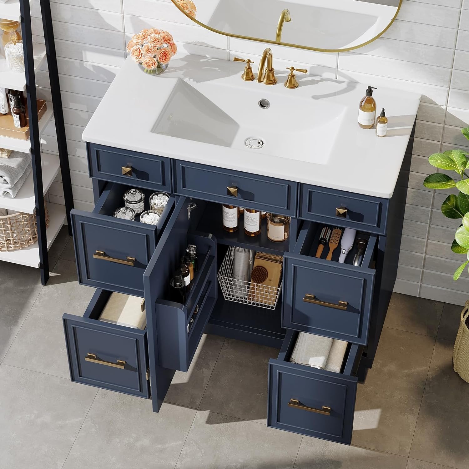 35" Bathroom Vanity with Sink, Modern Solid Wood Bathroom Cabinet with 4 Drawers