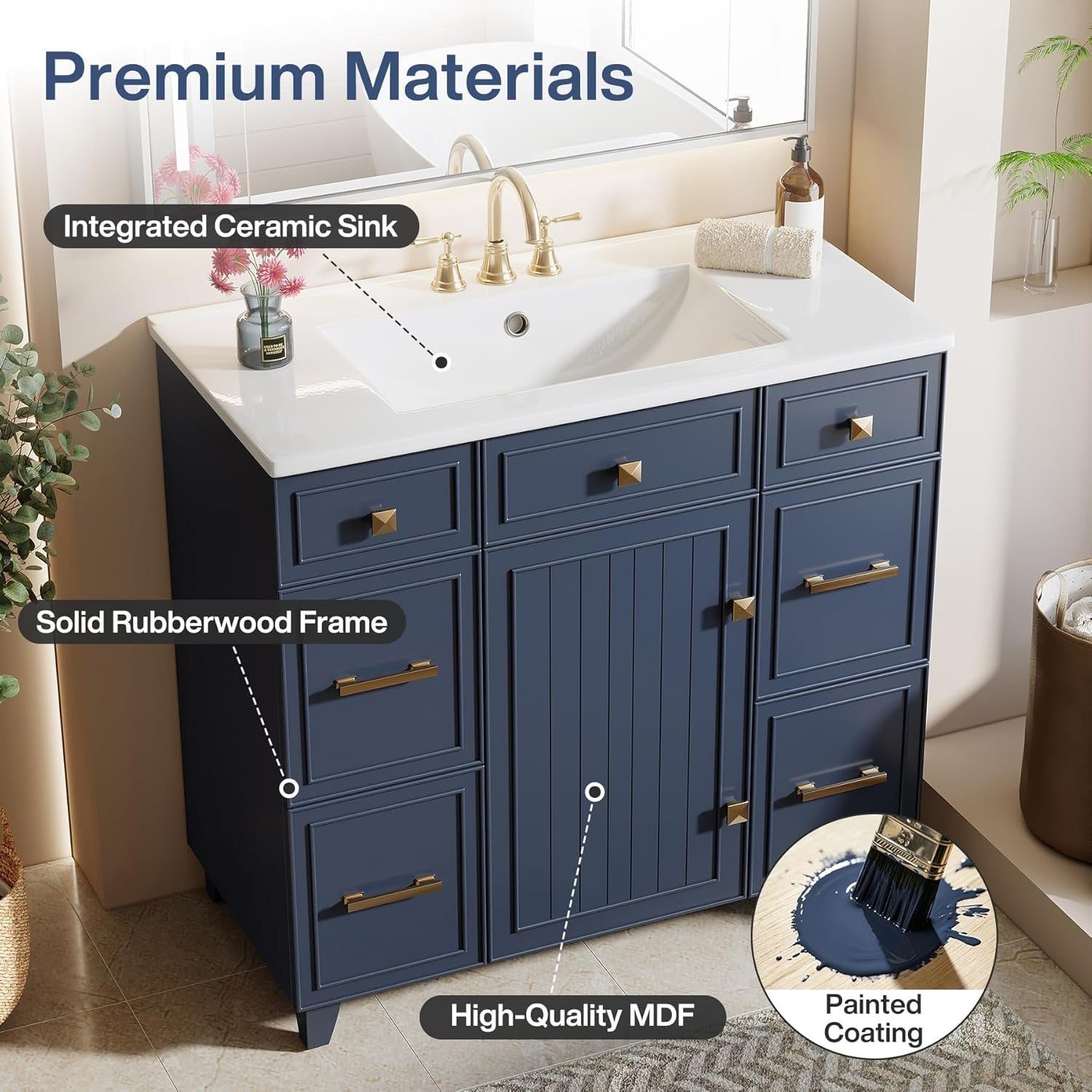 35" Bathroom Vanity with Sink, Modern Solid Wood Bathroom Cabinet with 4 Drawers