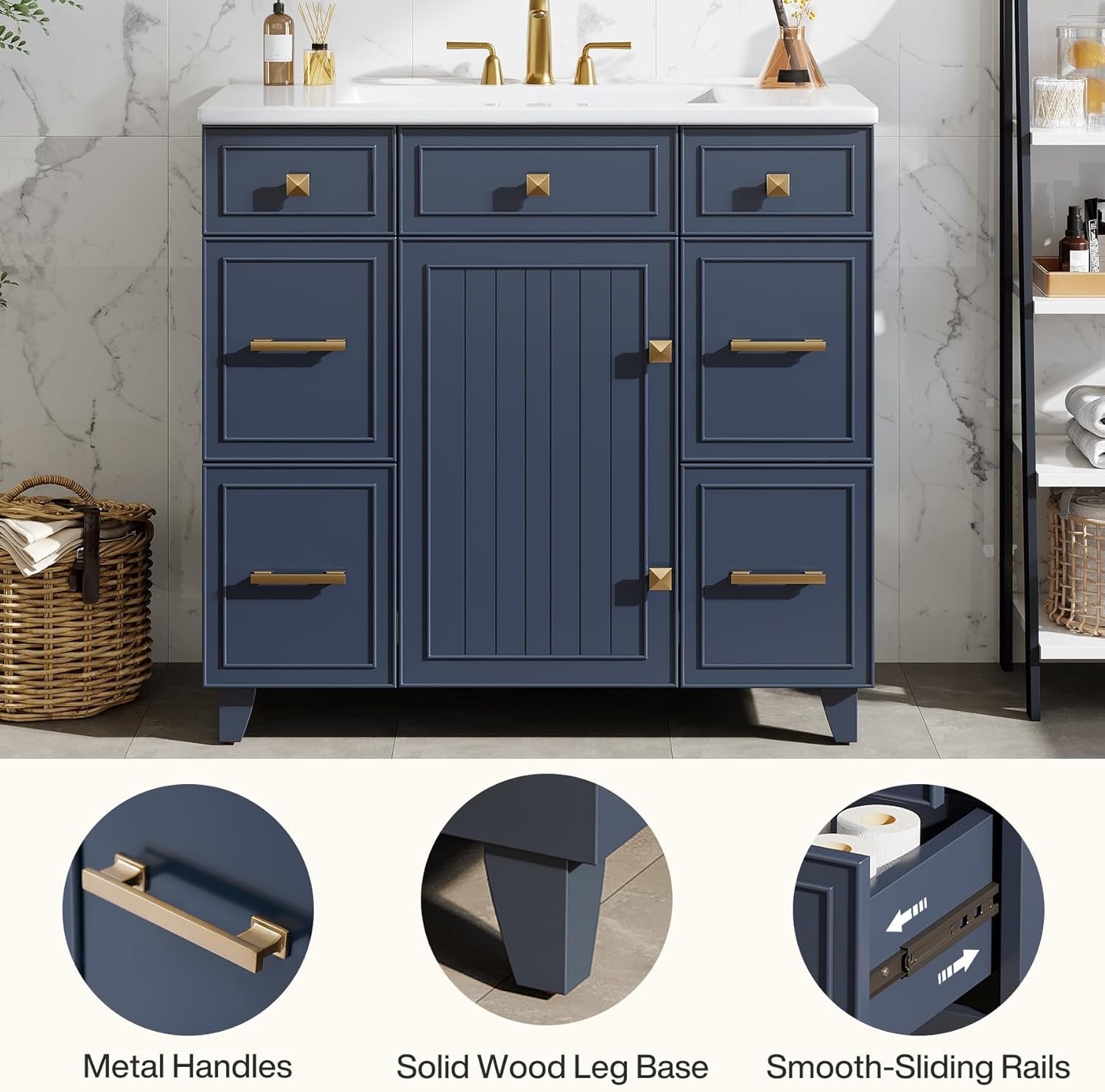 35" Bathroom Vanity with Sink, Modern Solid Wood Bathroom Cabinet with 4 Drawers