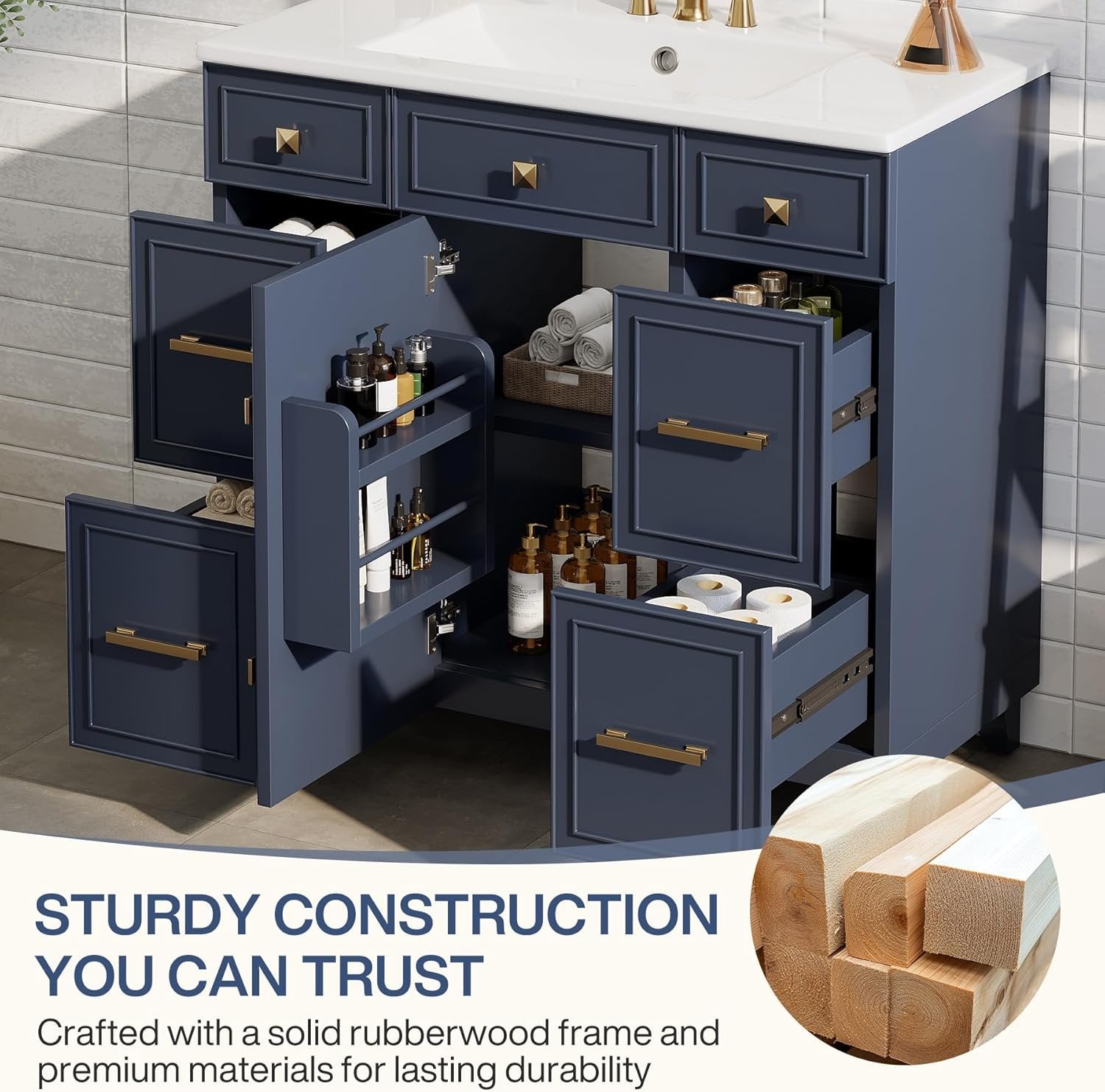 35" Bathroom Vanity with Sink, Modern Solid Wood Bathroom Cabinet with 4 Drawers