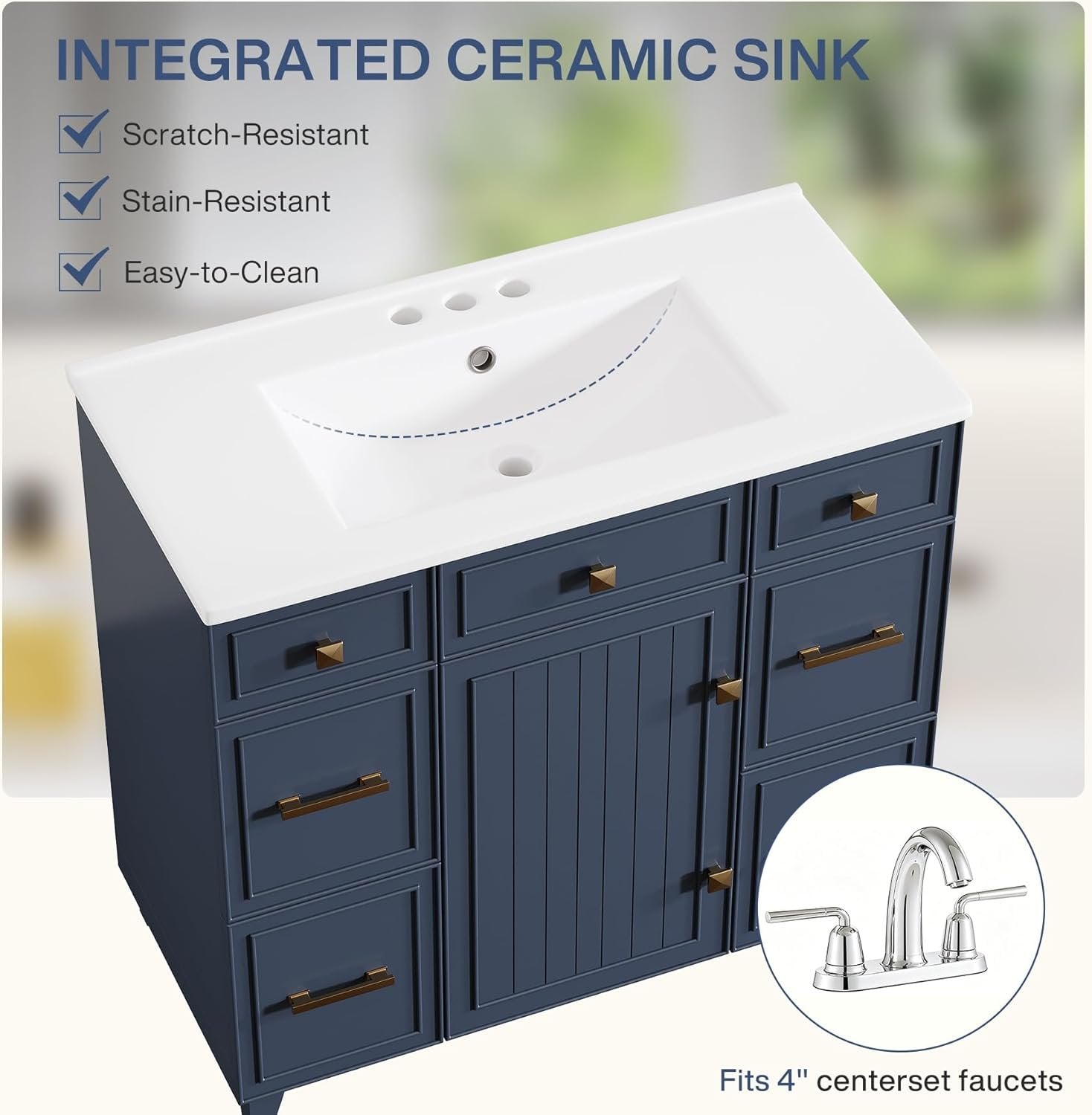 35" Bathroom Vanity with Sink, Modern Solid Wood Bathroom Cabinet with 4 Drawers
