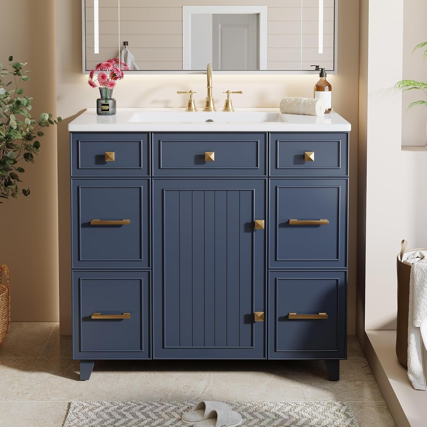 35" Bathroom Vanity with Sink, Modern Solid Wood Bathroom Cabinet with 4 Drawers