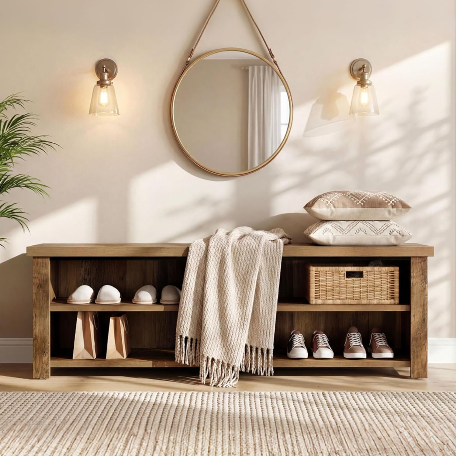 55.1" Entryway Bench with Storage, 2-Tier Farmhouse Shoe Storage Rack for Entryway