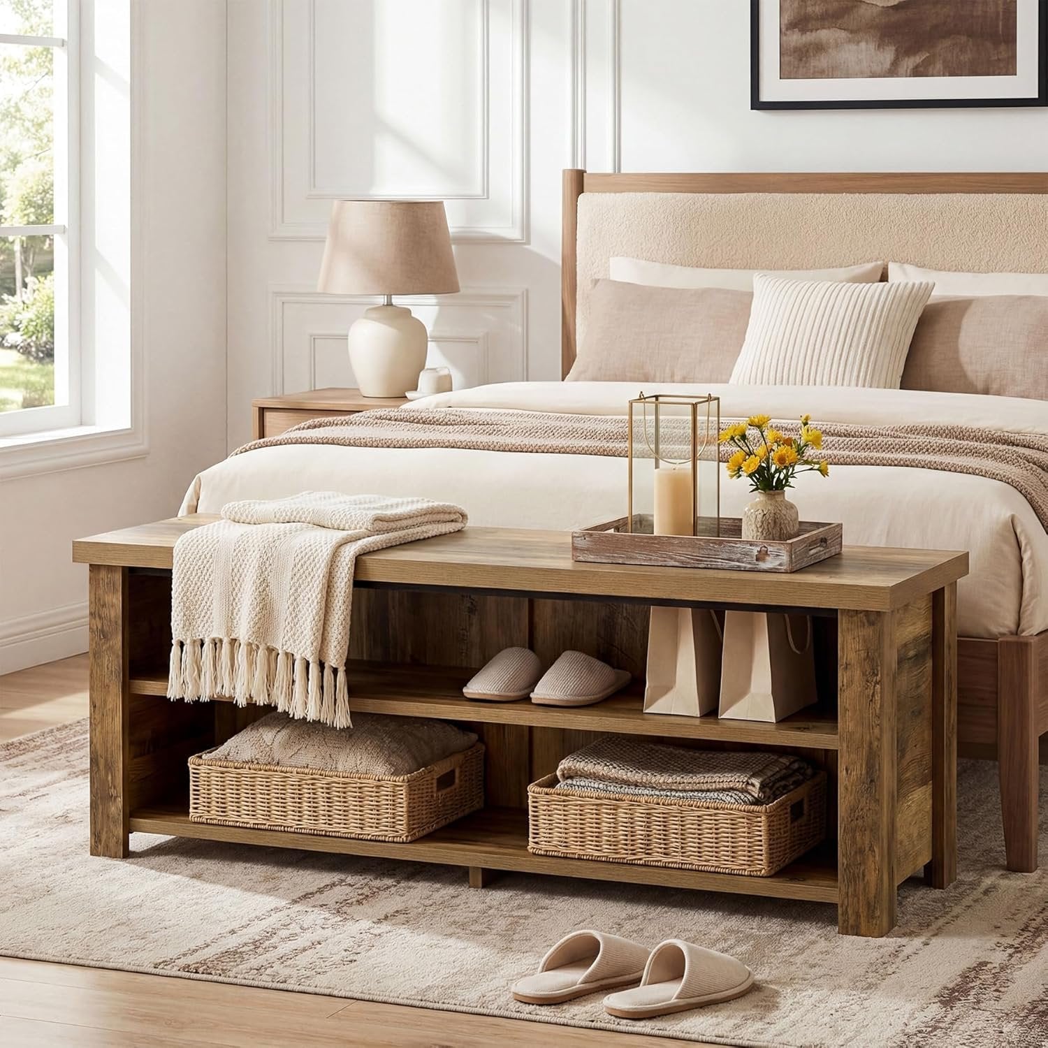 55.1" Entryway Bench with Storage, 2-Tier Farmhouse Shoe Storage Rack for Entryway