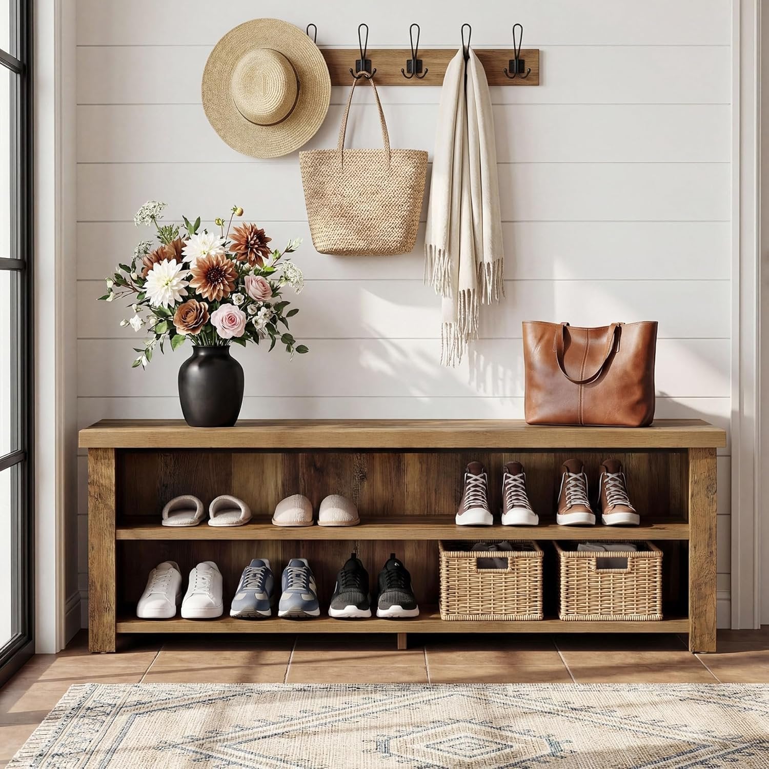55.1" Entryway Bench with Storage, 2-Tier Farmhouse Shoe Storage Rack for Entryway