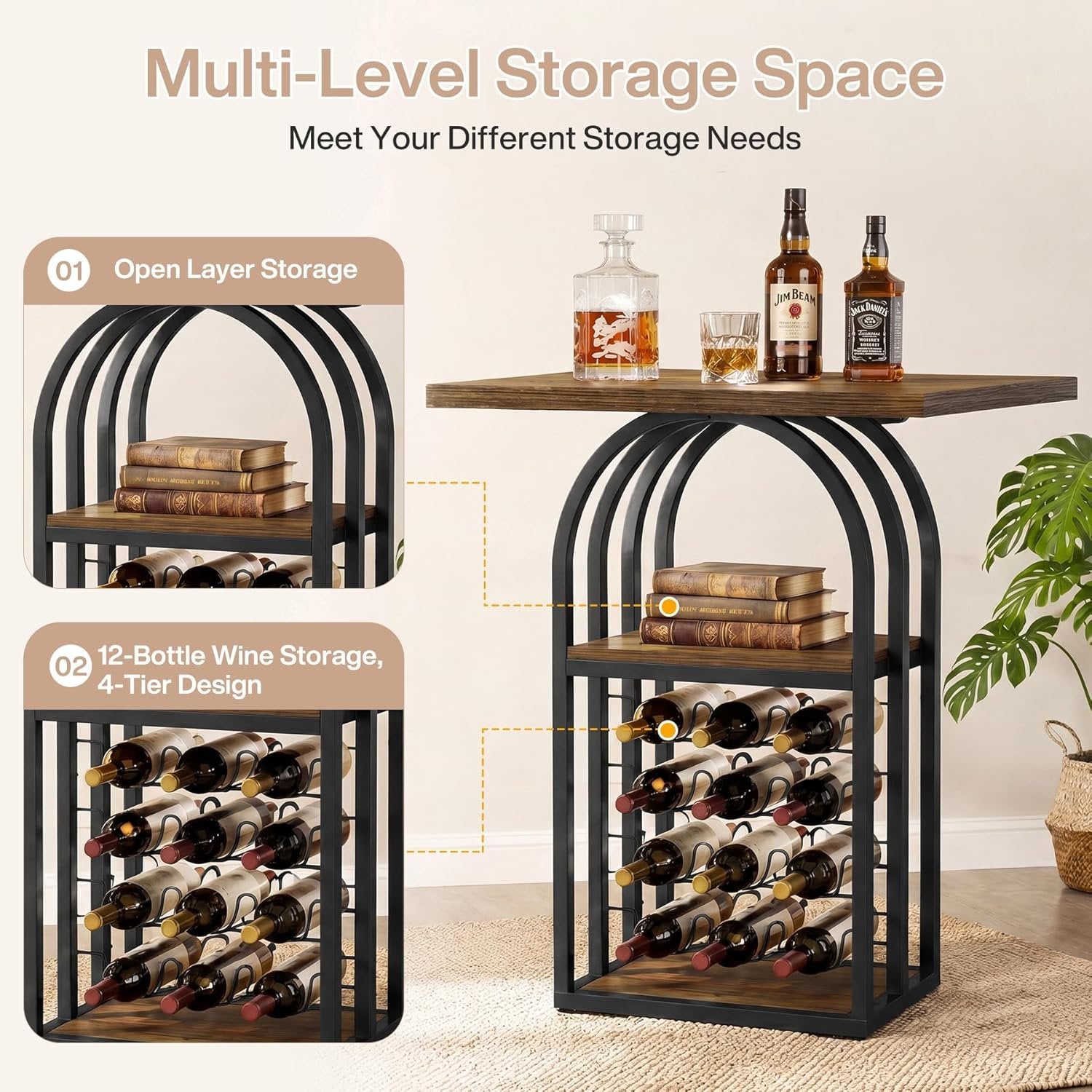 31.5" Square Bar Table, Bistro Pub Table Cocktail Home Bar Unit with 4-Tier Wine Rack Storage
