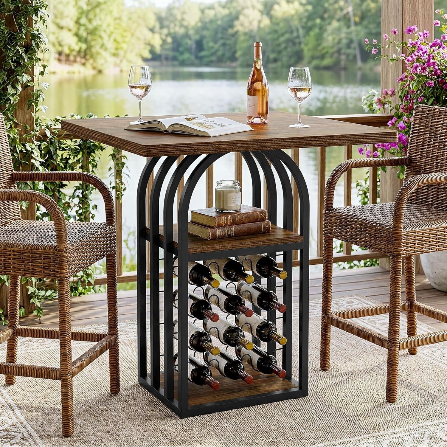 31.5" Square Bar Table, Bistro Pub Table Cocktail Home Bar Unit with 4-Tier Wine Rack Storage