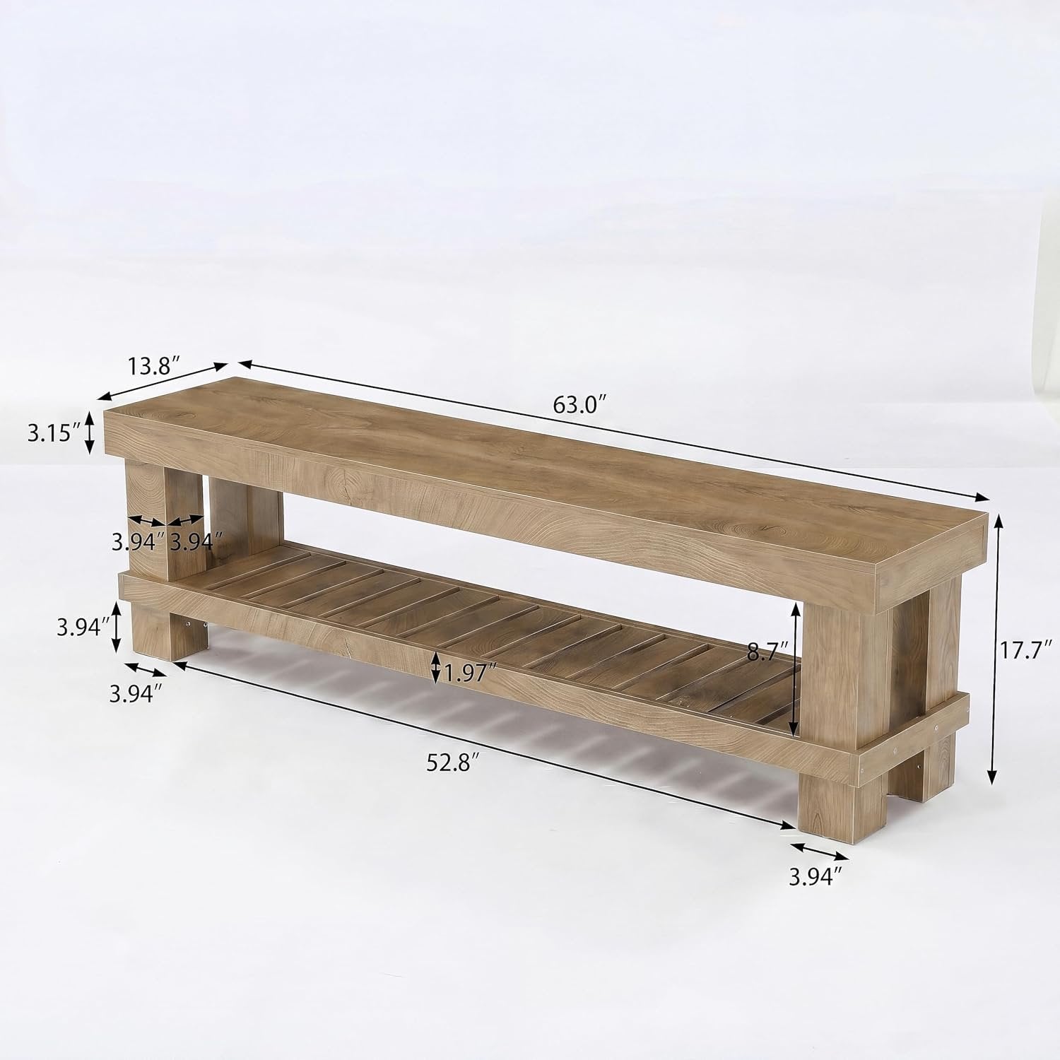 63" Farmhouse Entryway Shoe Bench, Long Dining Bench Seat with Slatted Shelf