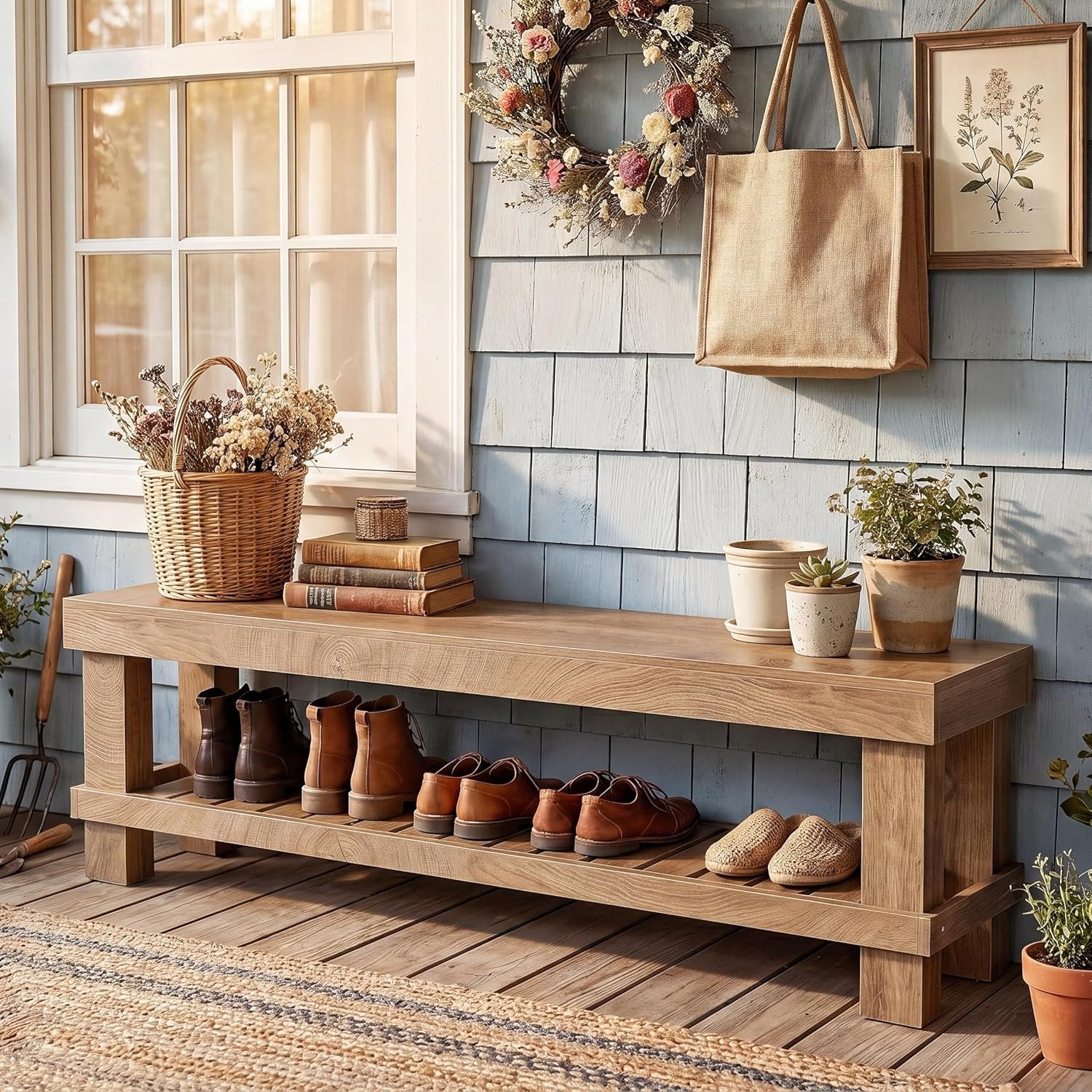 63" Farmhouse Entryway Shoe Bench, Long Dining Bench Seat with Slatted Shelf