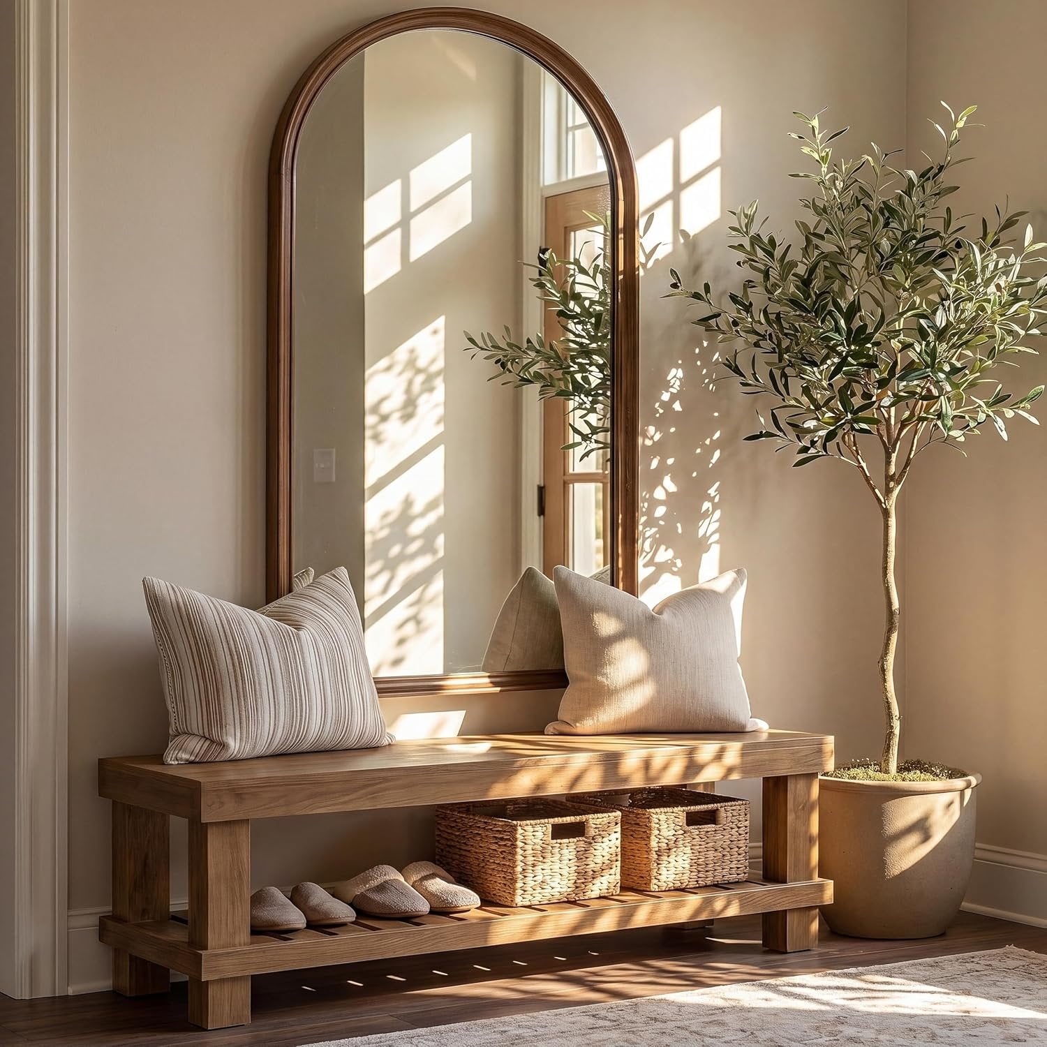 63" Farmhouse Entryway Shoe Bench, Long Dining Bench Seat with Slatted Shelf