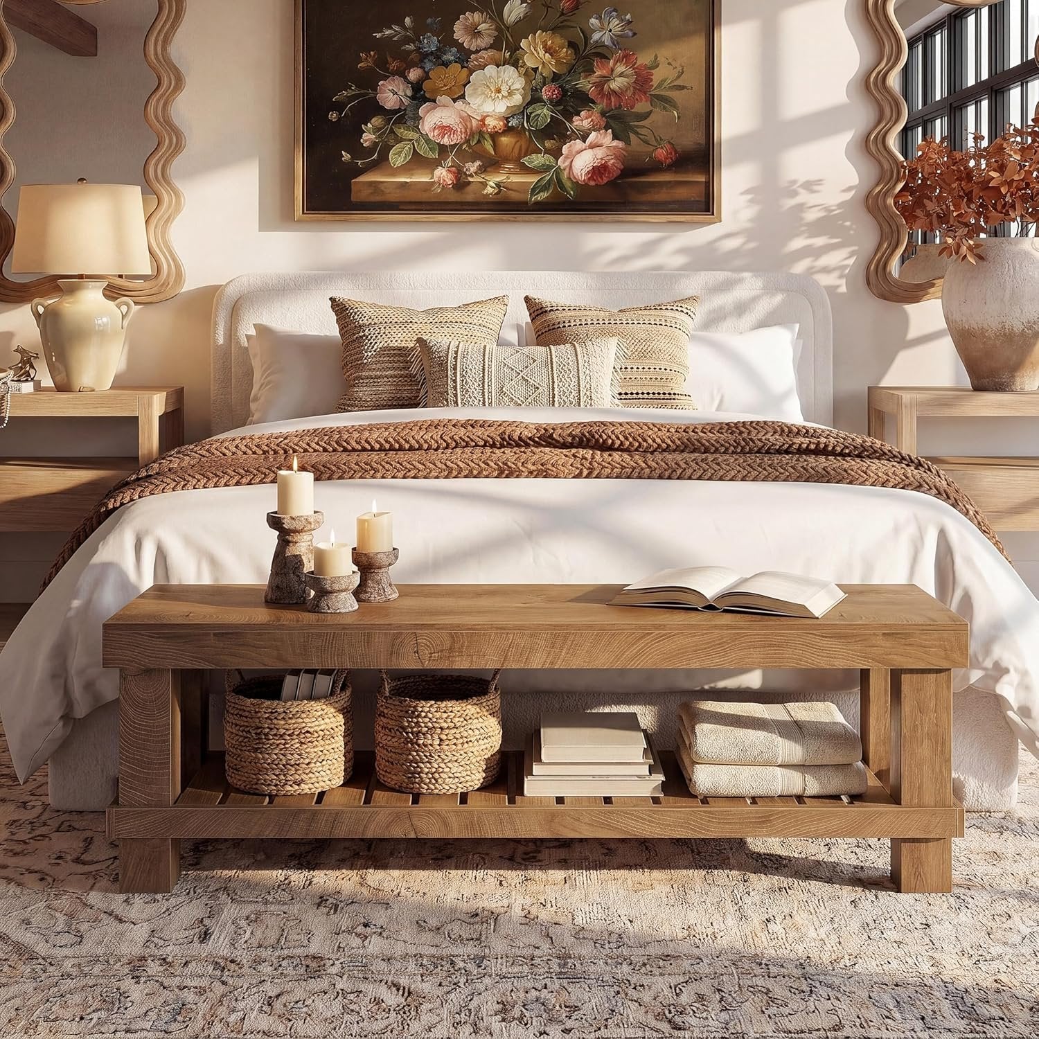 63" Farmhouse Entryway Shoe Bench, Long Dining Bench Seat with Slatted Shelf