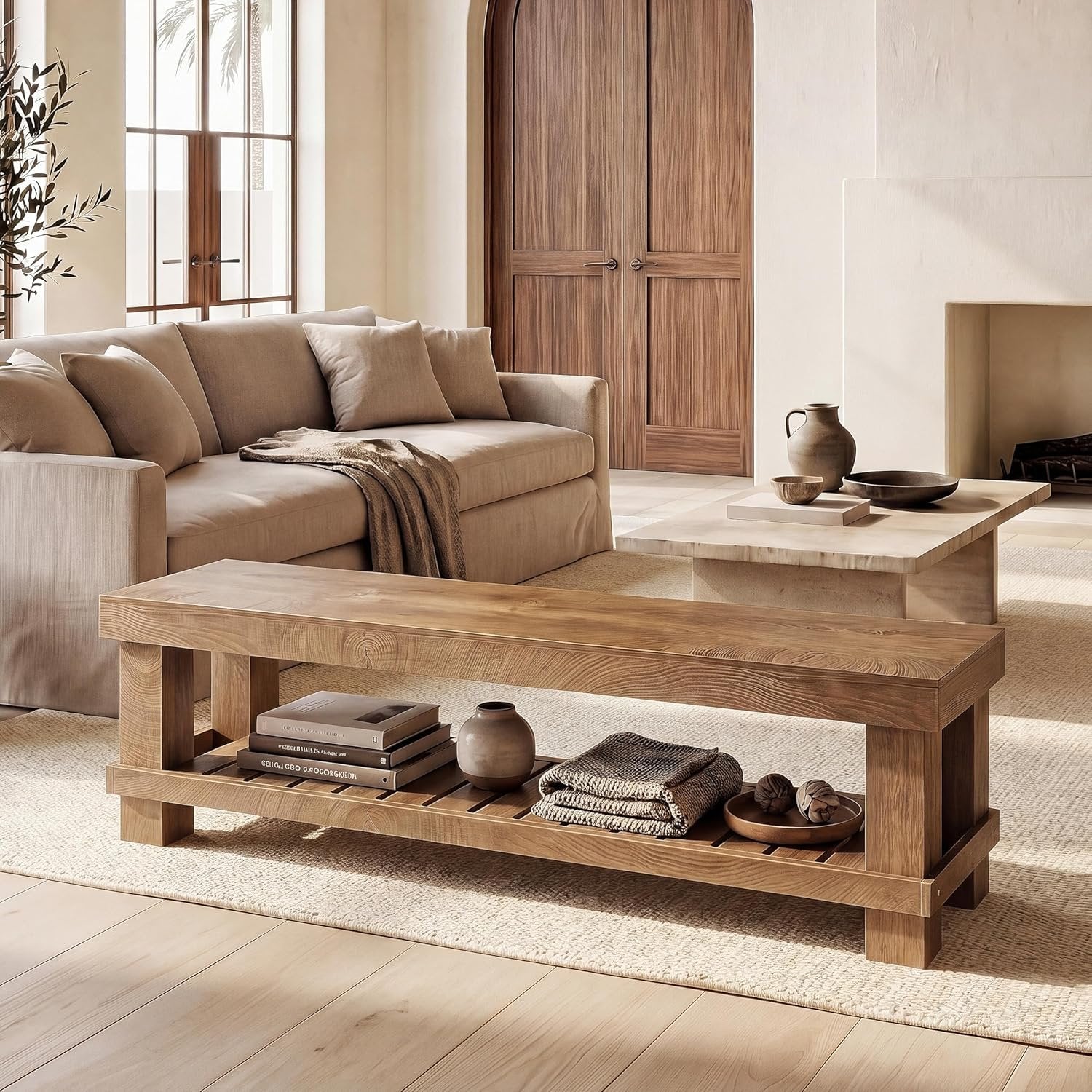 63" Farmhouse Entryway Shoe Bench, Long Dining Bench Seat with Slatted Shelf