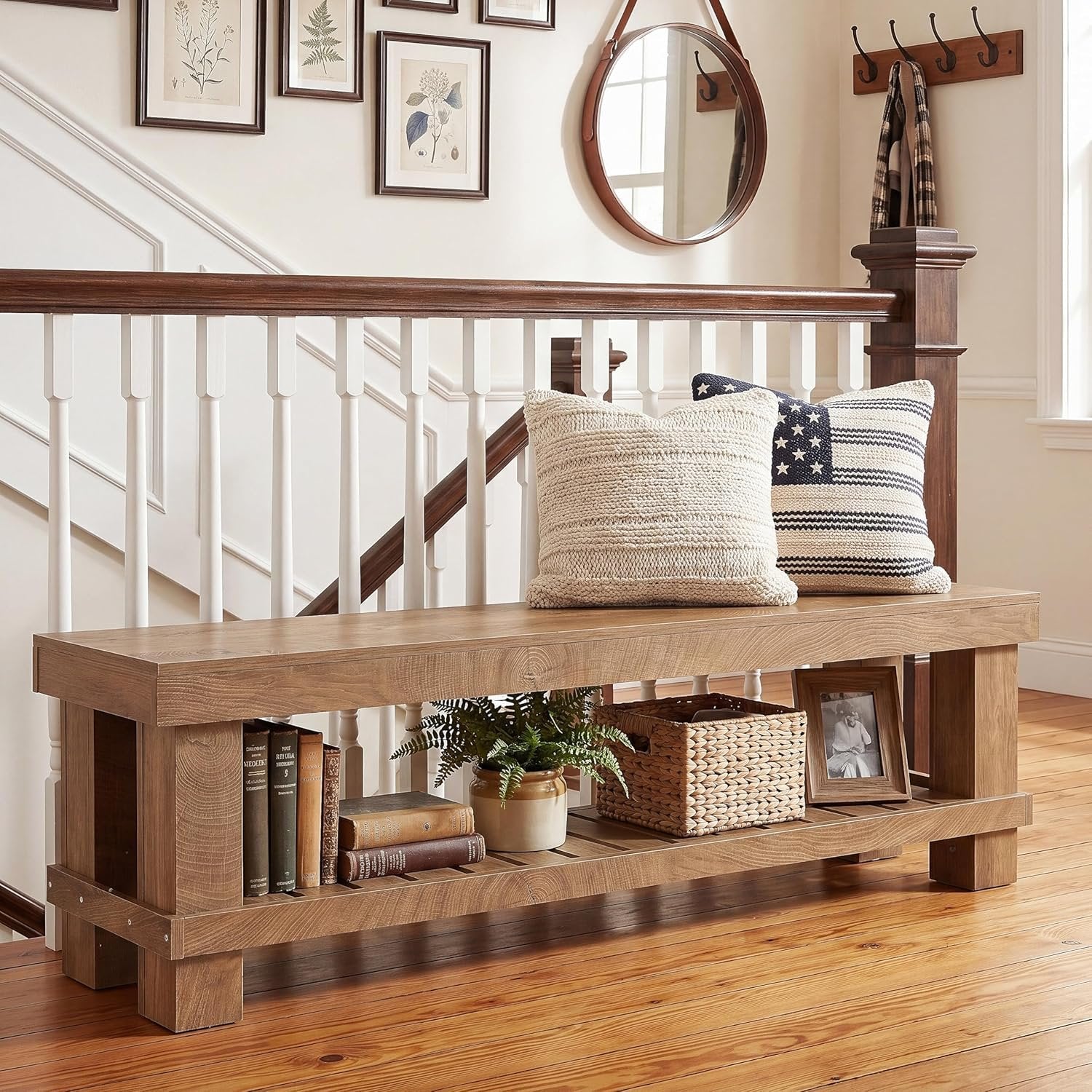 63" Farmhouse Entryway Shoe Bench, Long Dining Bench Seat with Slatted Shelf