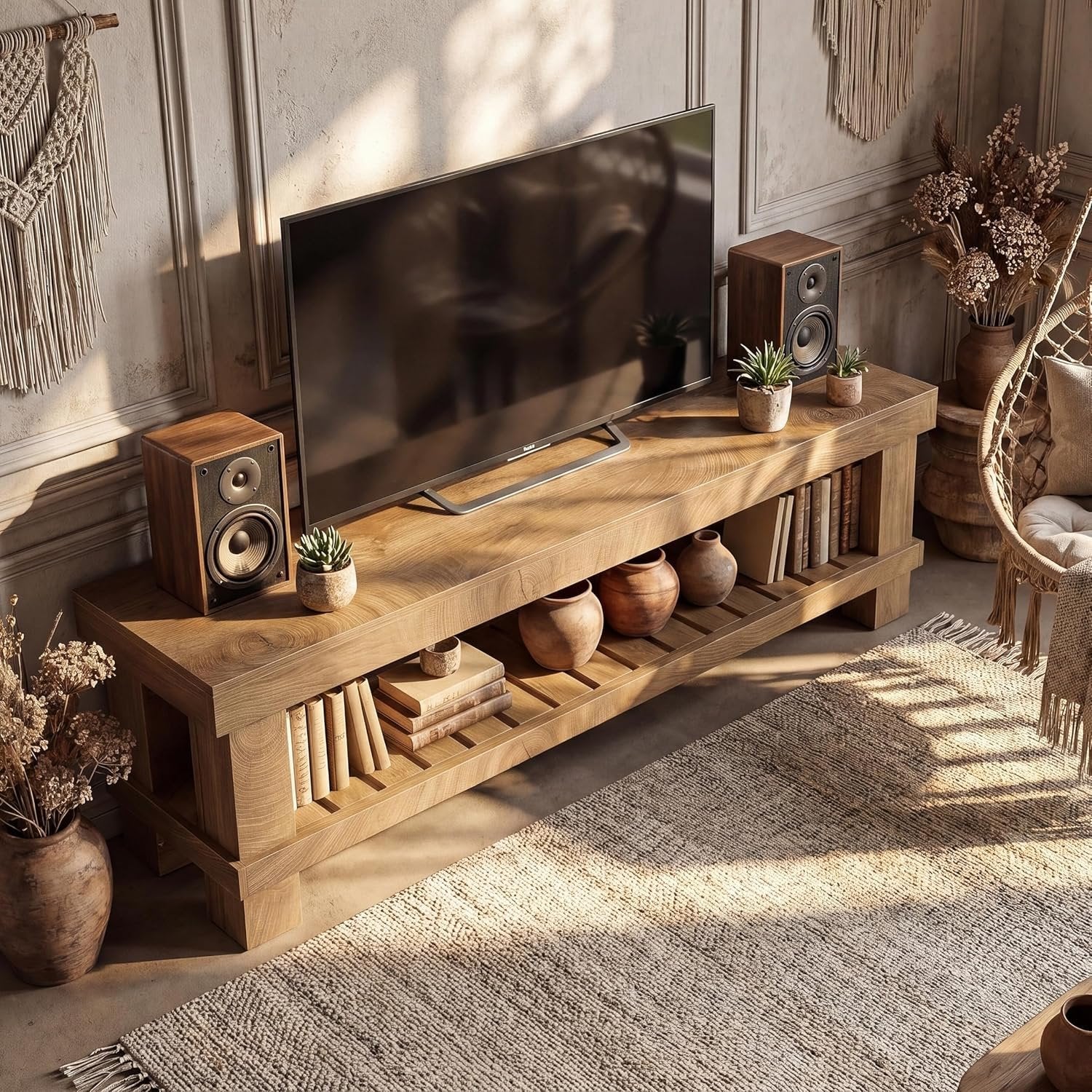 63" Farmhouse TV Stand, Media Entertainment Center Console with Slatted Open Shelf