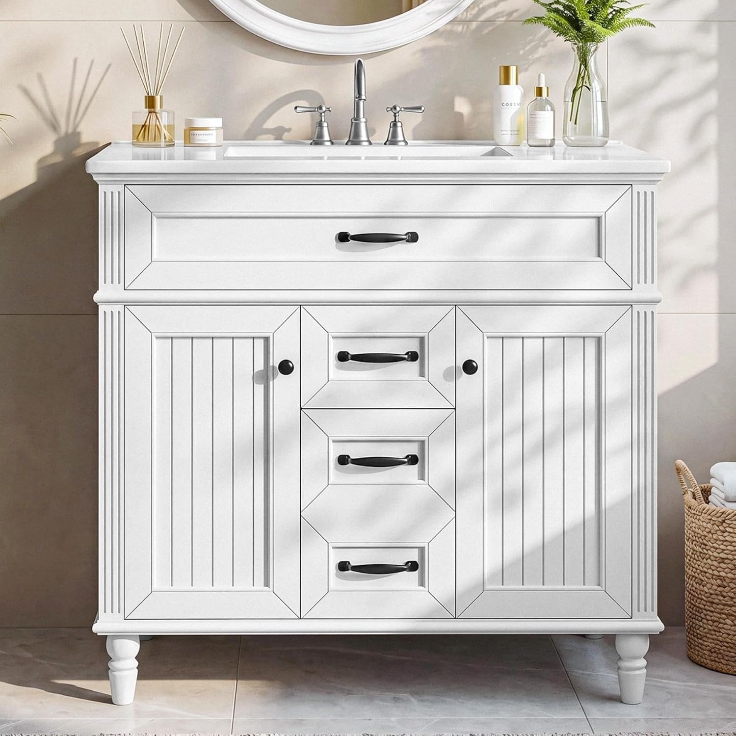 35" Solid Wood Bathroom Vanity, Freestanding Vanity Cabinet with Tip-Out Drawer