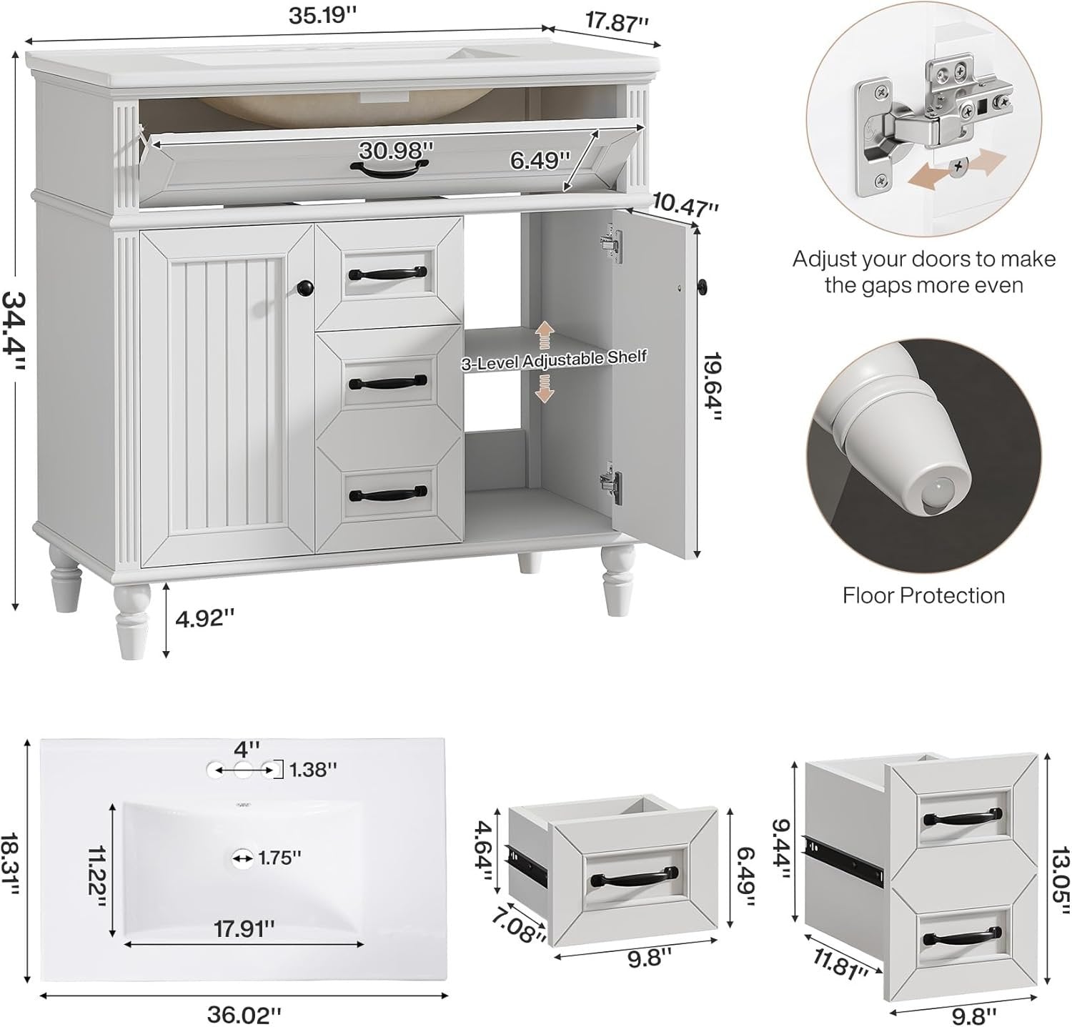 35" Solid Wood Bathroom Vanity, Freestanding Vanity Cabinet with Tip-Out Drawer