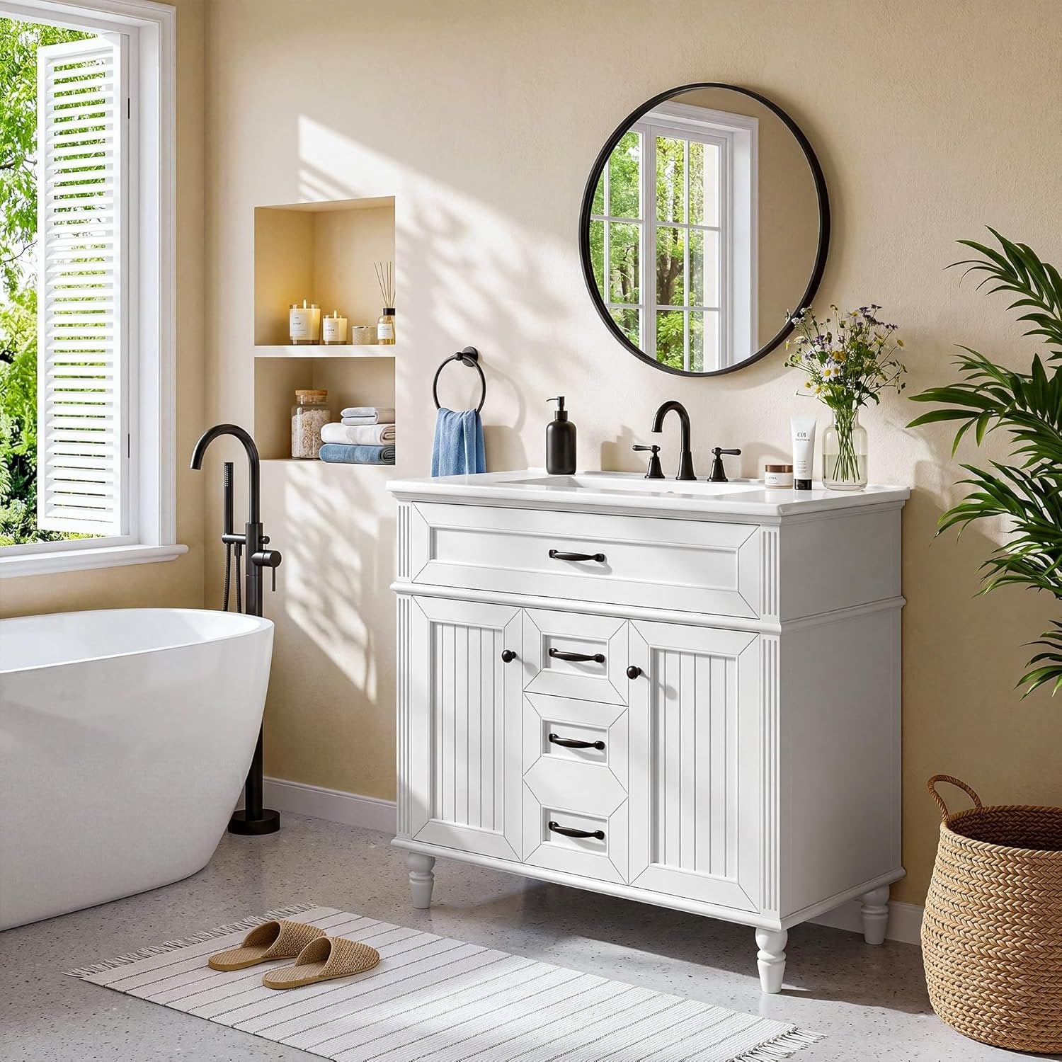 35" Solid Wood Bathroom Vanity, Freestanding Vanity Cabinet with Tip-Out Drawer