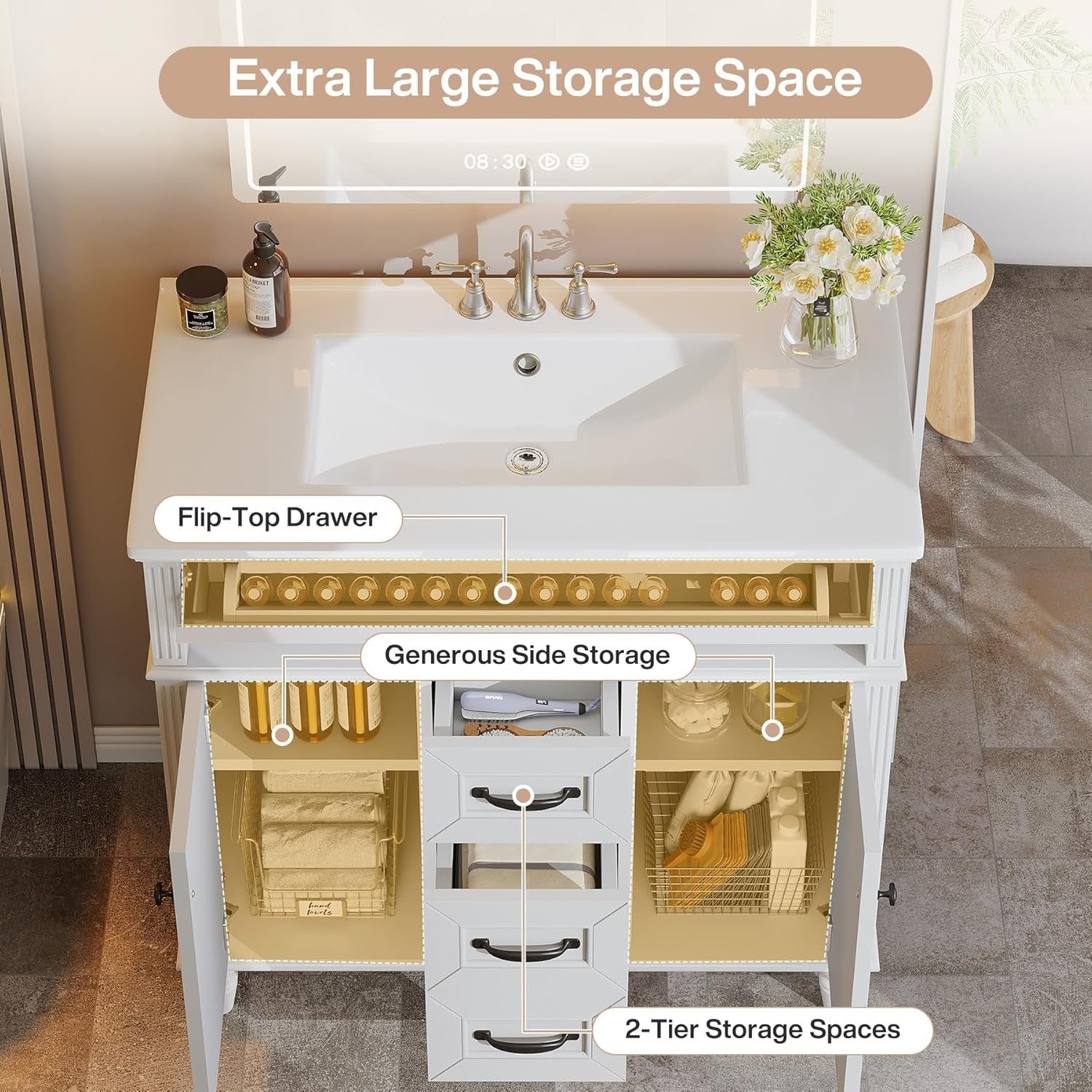 35" Solid Wood Bathroom Vanity, Freestanding Vanity Cabinet with Tip-Out Drawer