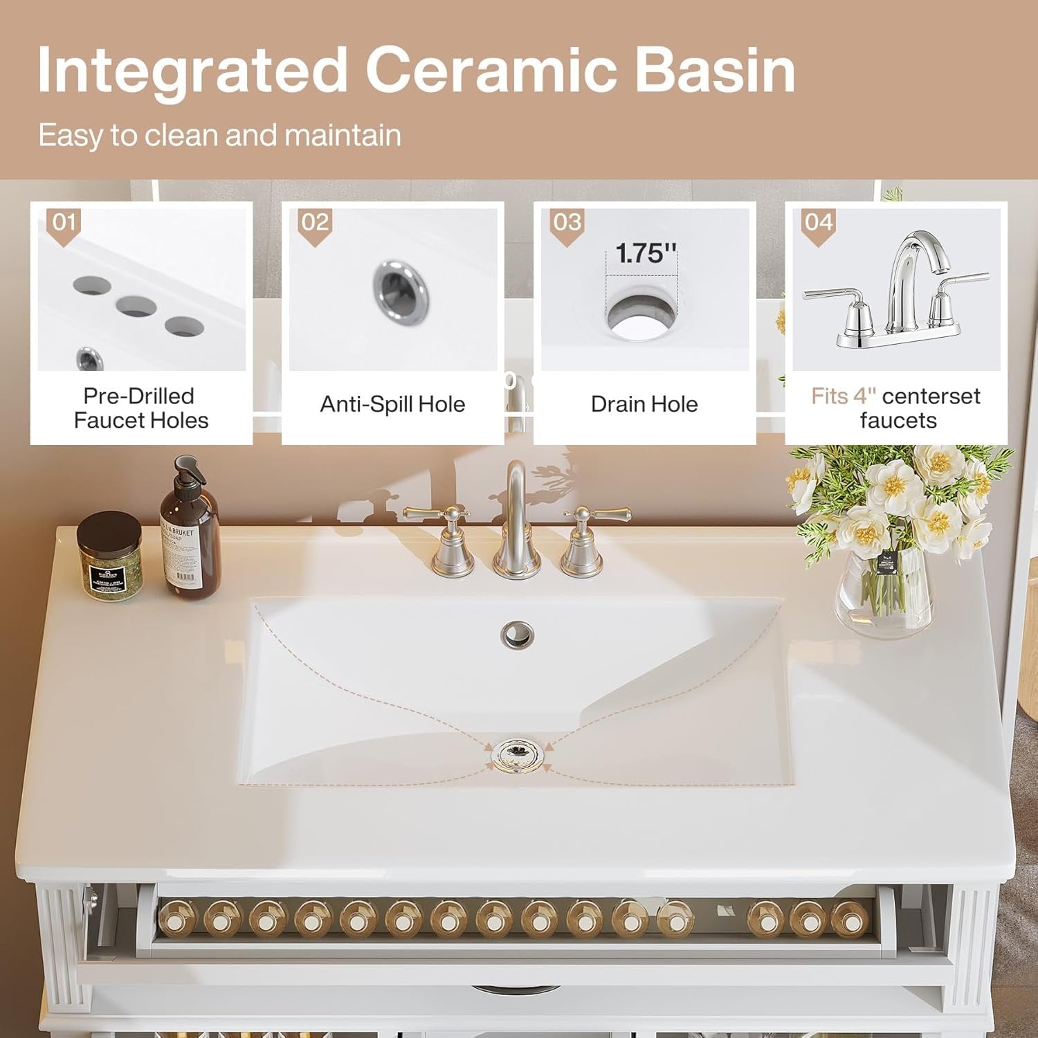 35" Solid Wood Bathroom Vanity, Freestanding Vanity Cabinet with Tip-Out Drawer