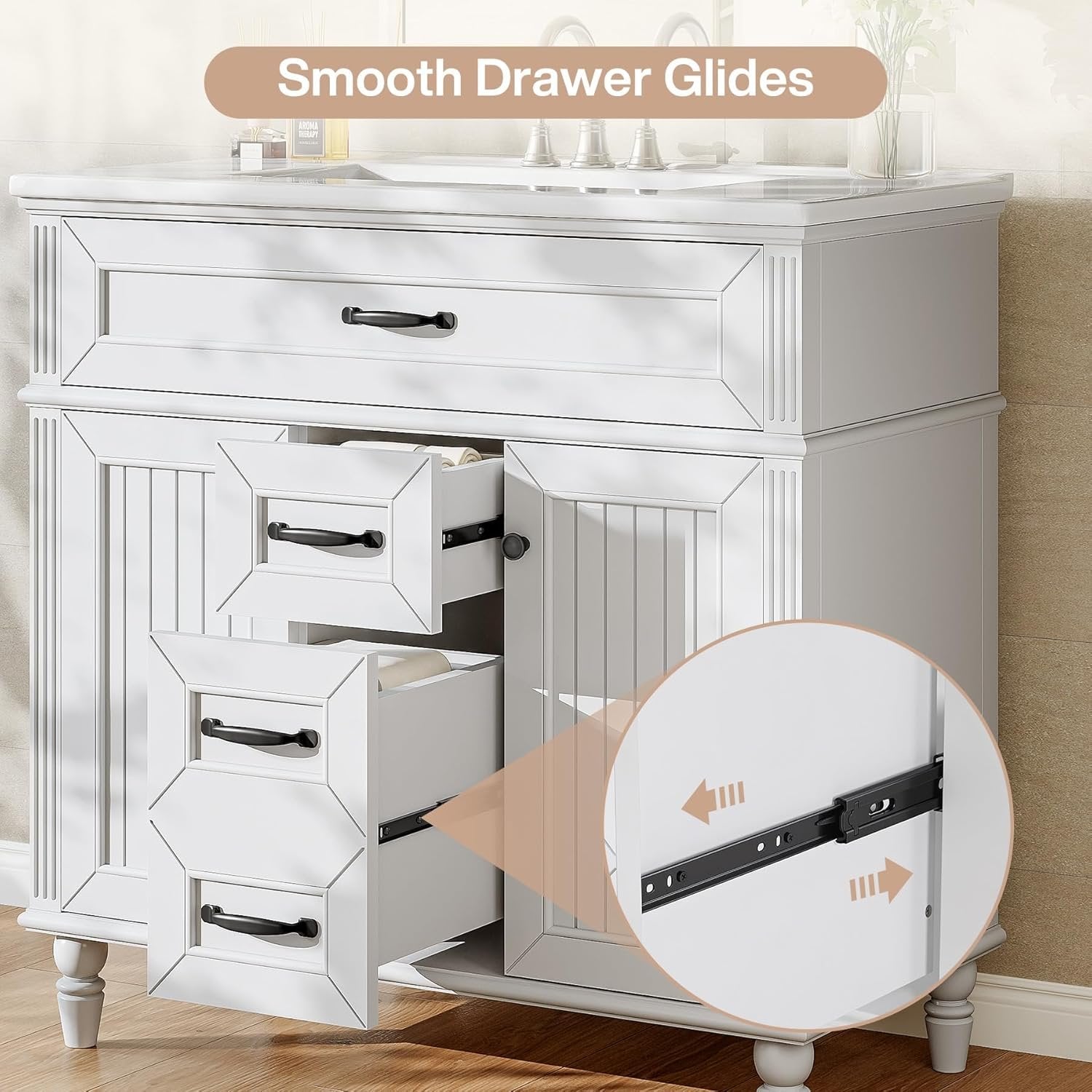 35" Solid Wood Bathroom Vanity, Freestanding Vanity Cabinet with Tip-Out Drawer