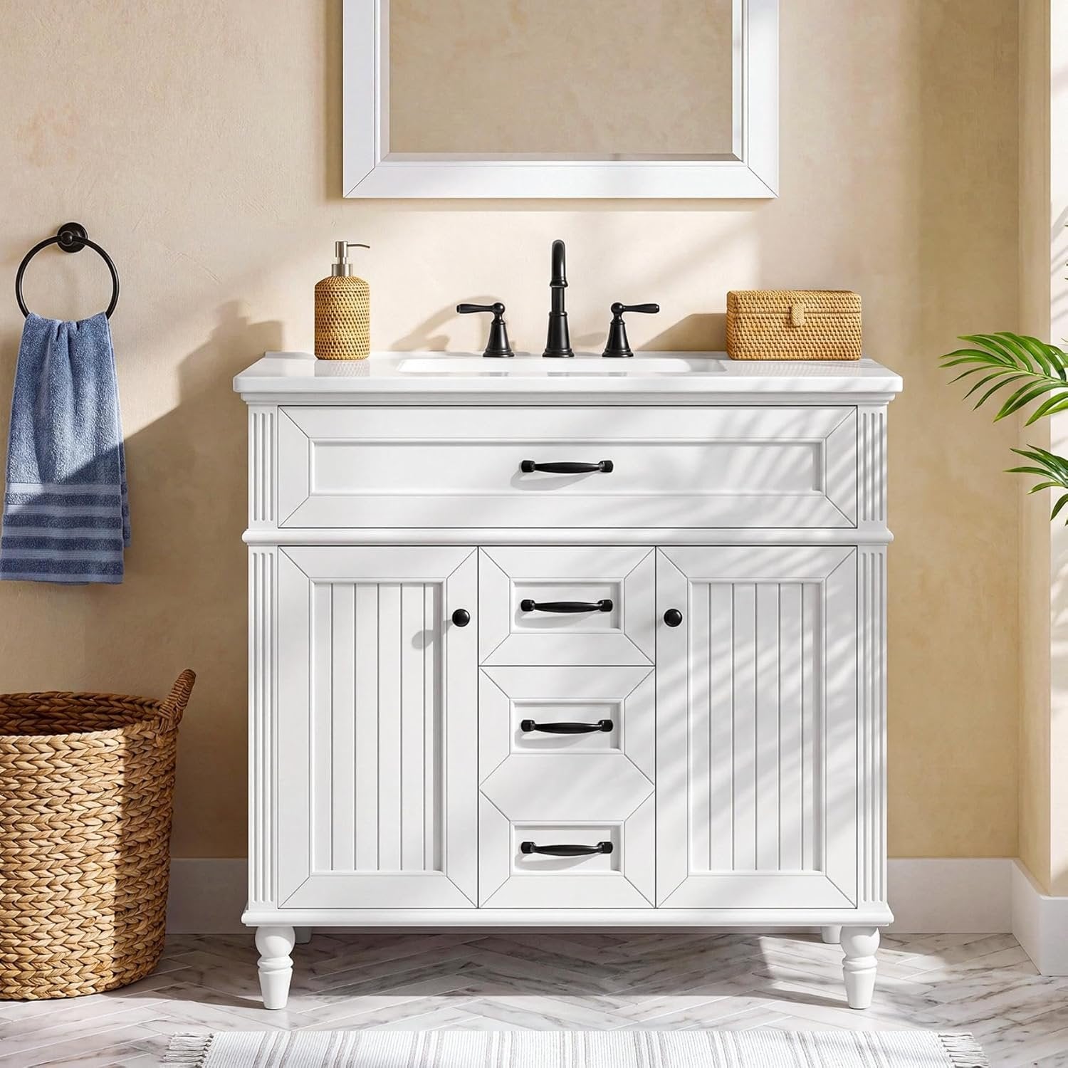 35" Solid Wood Bathroom Vanity, Freestanding Vanity Cabinet with Tip-Out Drawer