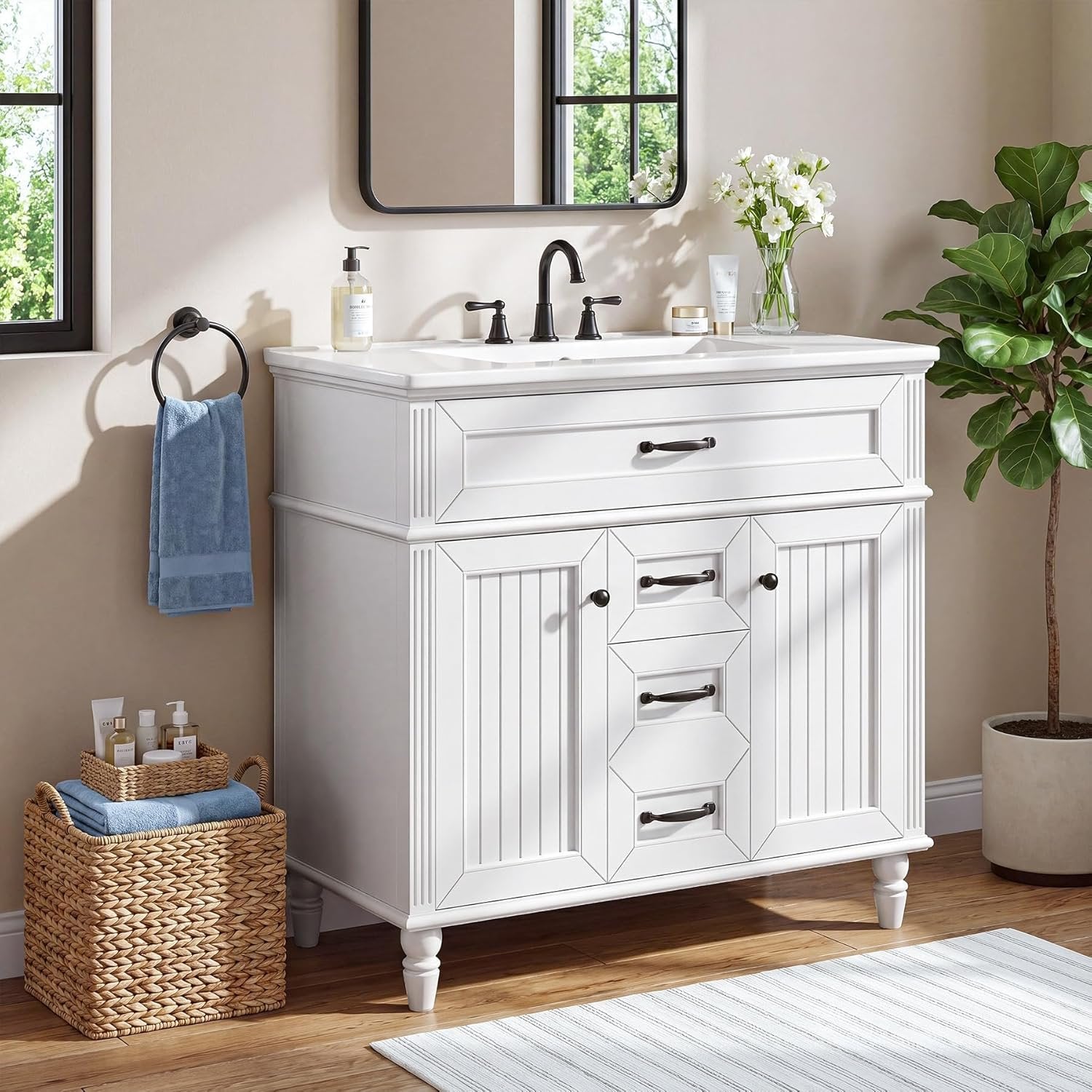 35" Solid Wood Bathroom Vanity, Freestanding Vanity Cabinet with Tip-Out Drawer