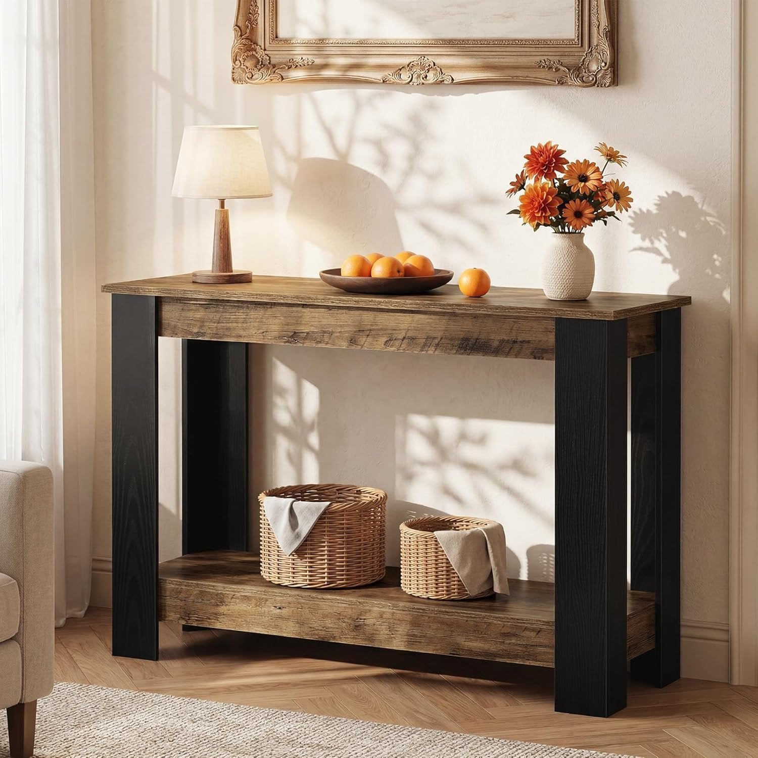 41" Industrial Console Table, 2-Tier Narrow Sofa Table Accent Furniture