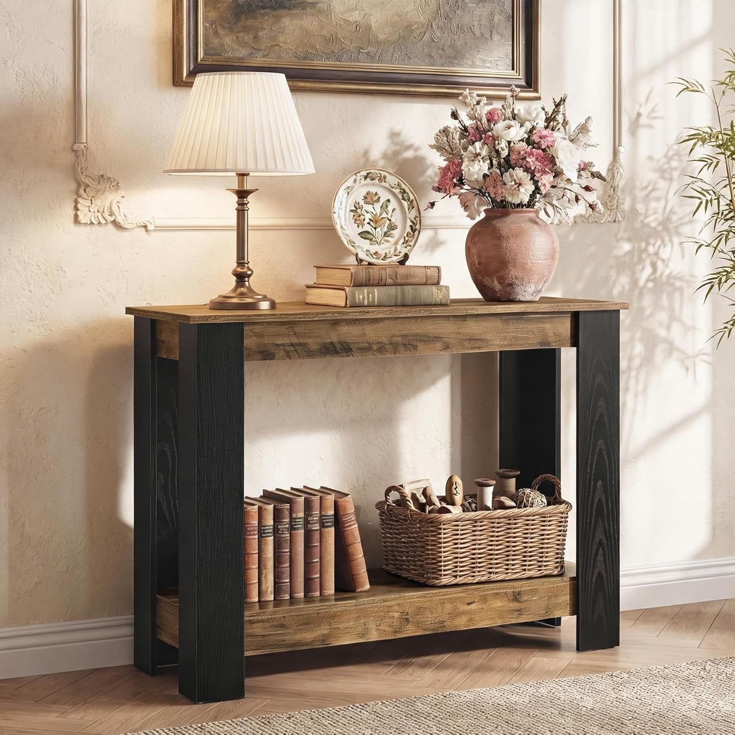 41" Industrial Console Table, 2-Tier Narrow Sofa Table Accent Furniture