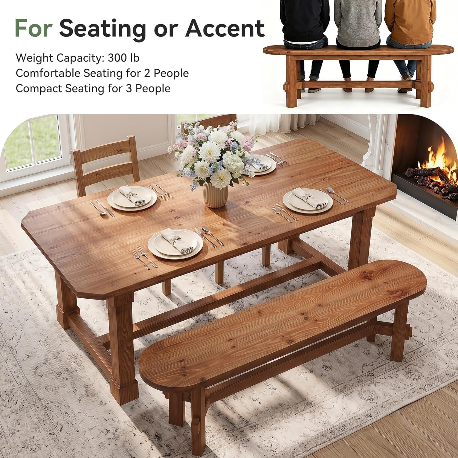 55" Solid Wood Dining Bench, Indoor Bench for Dining Table, End of Bed, Living Room
