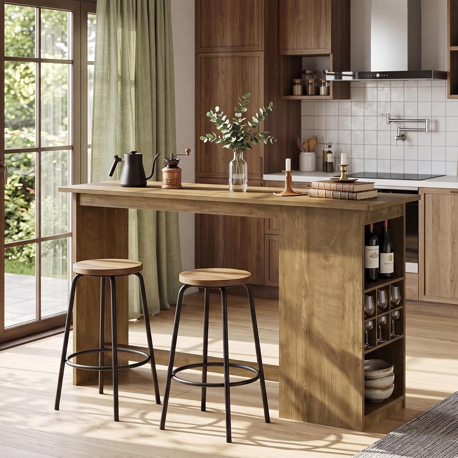 63" Long Bar Table, Counter Height Pub Table with Built-in Wine Storage for Home Bar