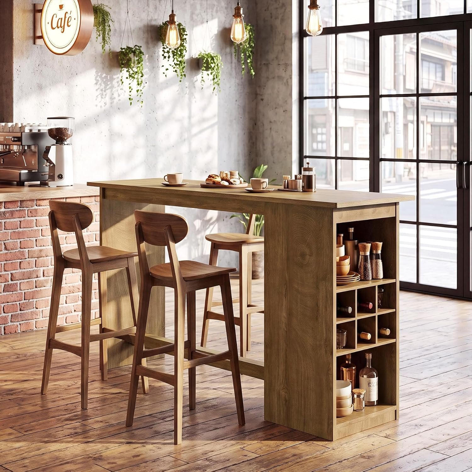 63" Long Bar Table, Counter Height Pub Table with Built-in Wine Storage for Home Bar