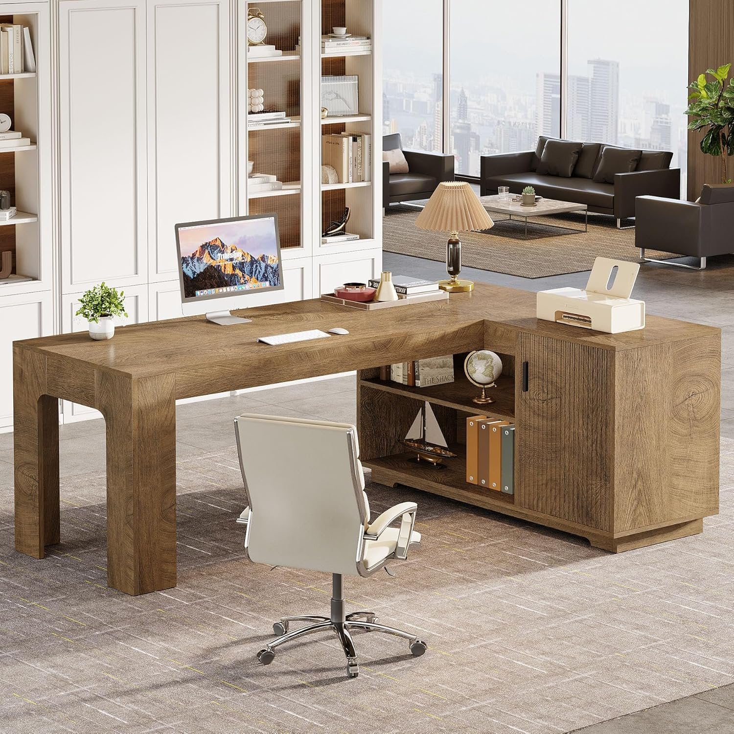 59" L-Shaped Desk with Storage Cabinet, Farmhouse Corner Computer Desk with Open Storage Shelves for Office