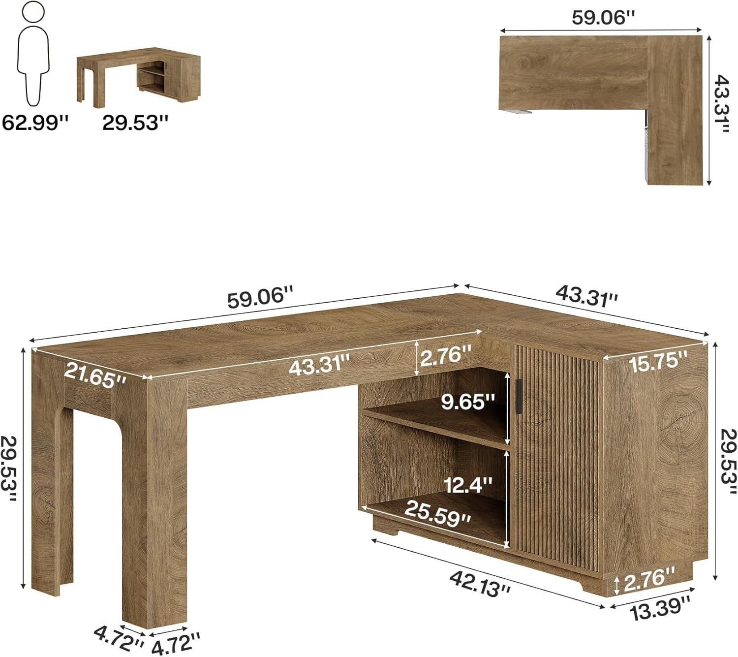 59" L-Shaped Desk with Storage Cabinet, Farmhouse Corner Computer Desk with Open Storage Shelves for Office